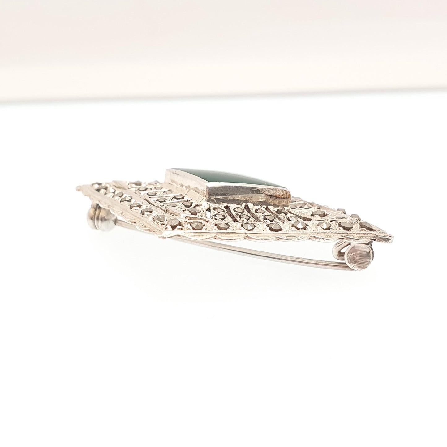 Vintage Sterling Silver Chrysoprase Brooch Art Deco Style Marcasite Genuine Green Gemstone Kite Cabochon Womens Ladies Jewelry Jewellery