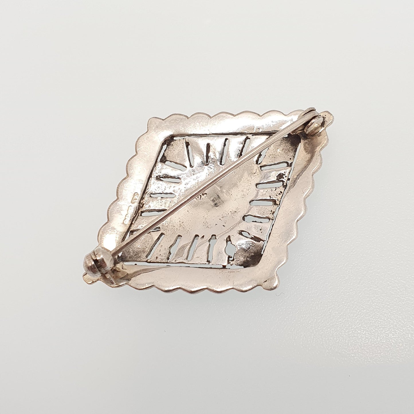 Vintage Sterling Silver Chrysoprase Brooch Art Deco Style Marcasite Genuine Green Gemstone Kite Cabochon Womens Ladies Jewelry Jewellery