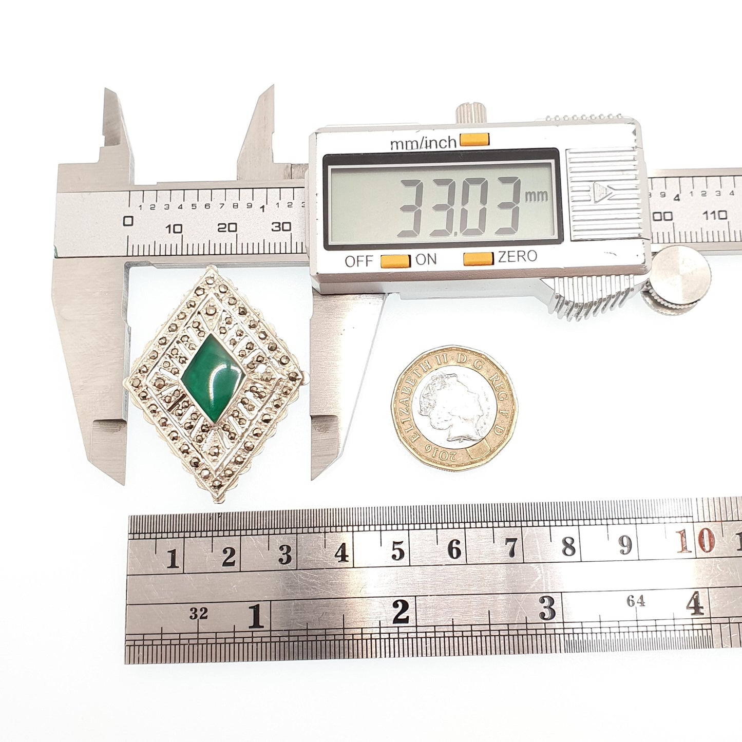 Vintage Sterling Silver Chrysoprase Brooch Art Deco Style Marcasite Genuine Green Gemstone Kite Cabochon Womens Ladies Jewelry Jewellery