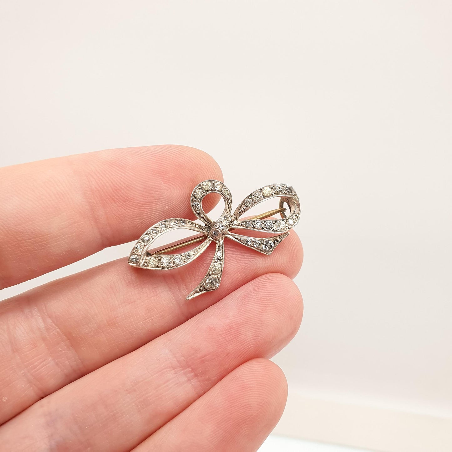 Antique Victorian Paste Solid Silver Bow Brooch Ribbon Cute Diamond Pastes 1800s Cute Gift Special Rare Womens Jewelry Jewellery Vintage