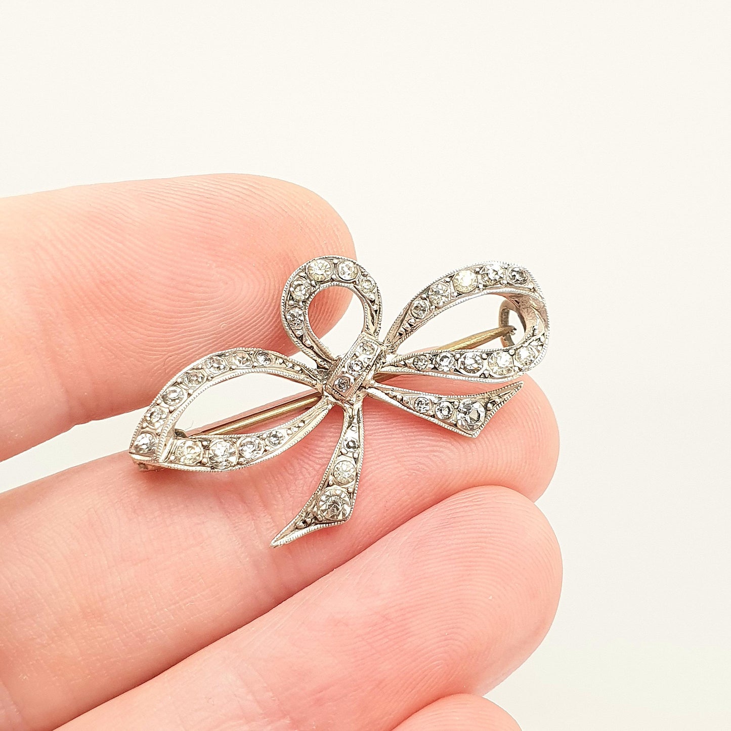 Antique Victorian Paste Solid Silver Bow Brooch Ribbon Cute Diamond Pastes 1800s Cute Gift Special Rare Womens Jewelry Jewellery Vintage