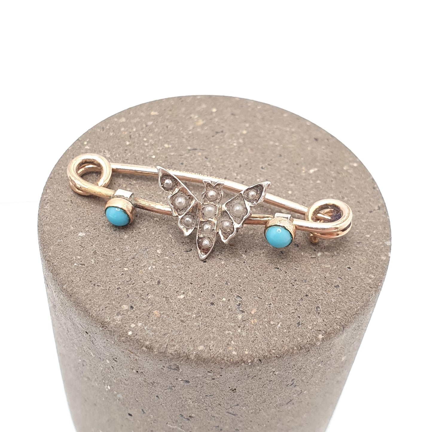 Antique 18ct Rolled Gold Butterfly Brooch Solid Silver Faux Seed Pearl & Turquoise Safety Pin Victorian Vintage Insect Bug Jewelry Jewellery
