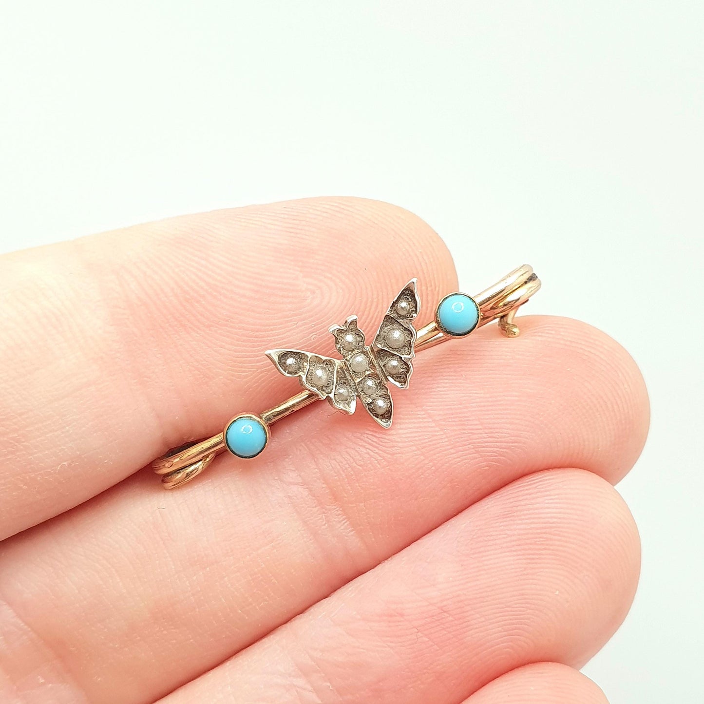 Antique 18ct Rolled Gold Butterfly Brooch Solid Silver Faux Seed Pearl & Turquoise Safety Pin Victorian Vintage Insect Bug Jewelry Jewellery