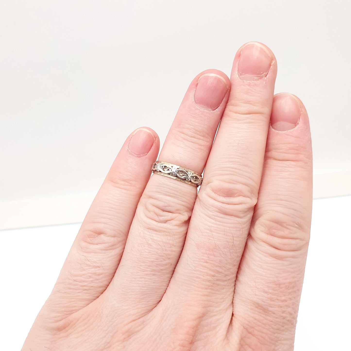 Antique 9ct 9k Gold Sterling Silver Eternity Ring Diamond White Spinel Band Art Deco Fine Estate Sparkly Full Womens Jewelry Jewellery