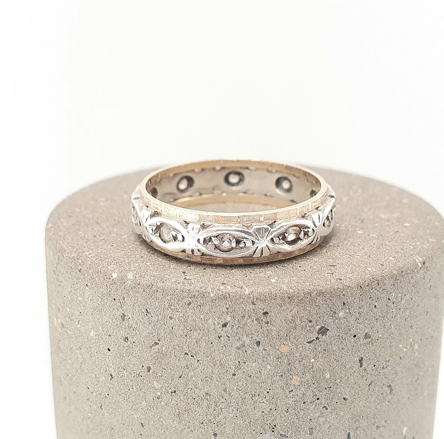 Antique 9ct 9k Gold Sterling Silver Eternity Ring Diamond White Spinel Band Art Deco Fine Estate Sparkly Full Womens Jewelry Jewellery