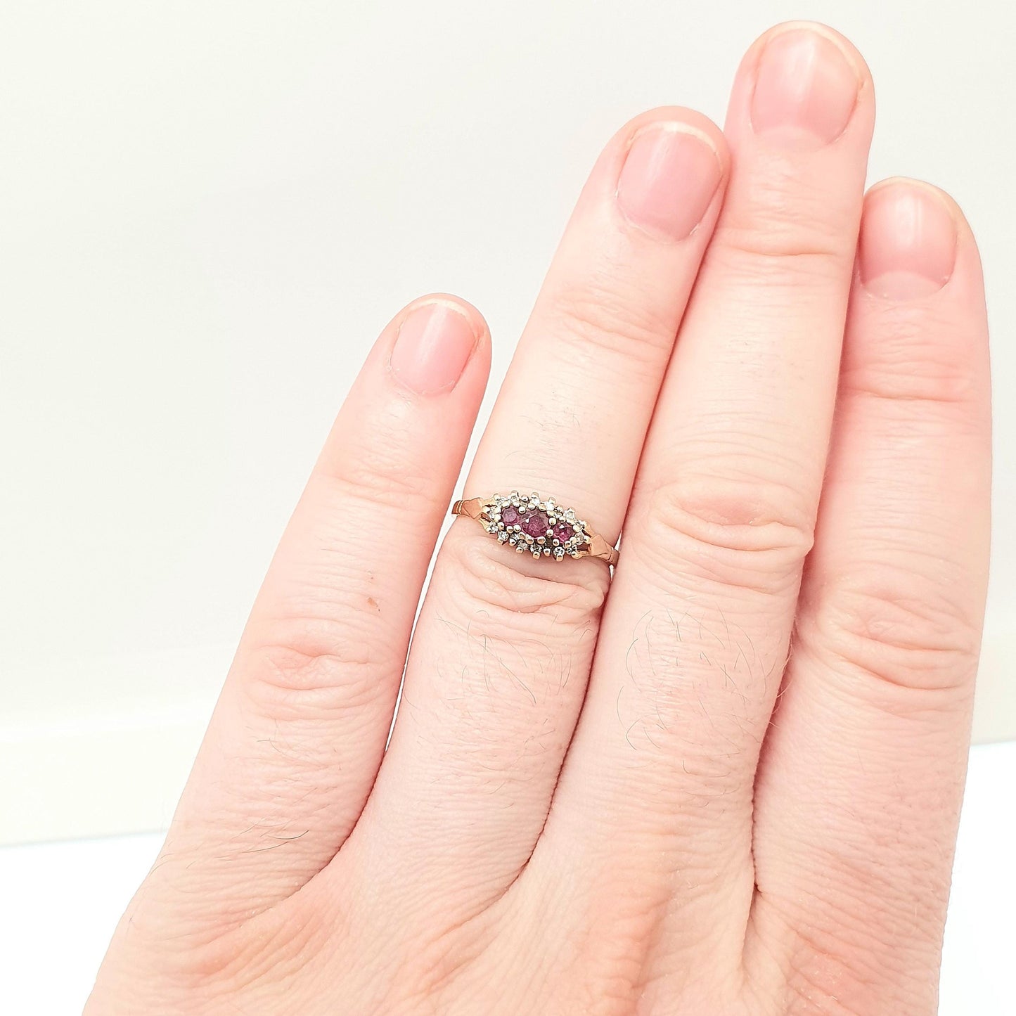 Vintage 9k 9ct Gold Ruby & Diamond Ring Trilogy Hallmarked Solid 375 9kt Fine Estate Red Gemstone Real Genuine Womens Jewelry Jewellery