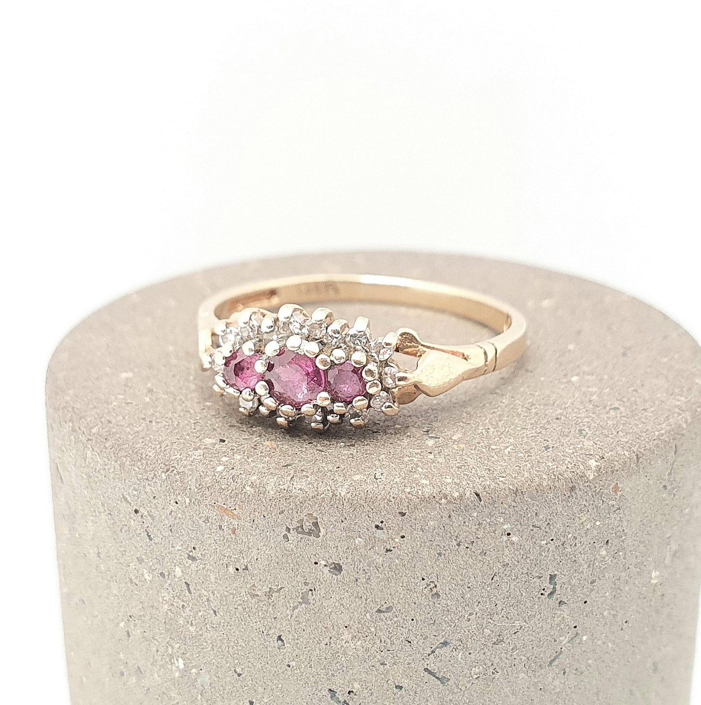 Vintage 9k 9ct Gold Ruby & Diamond Ring Trilogy Hallmarked Solid 375 9kt Fine Estate Red Gemstone Real Genuine Womens Jewelry Jewellery