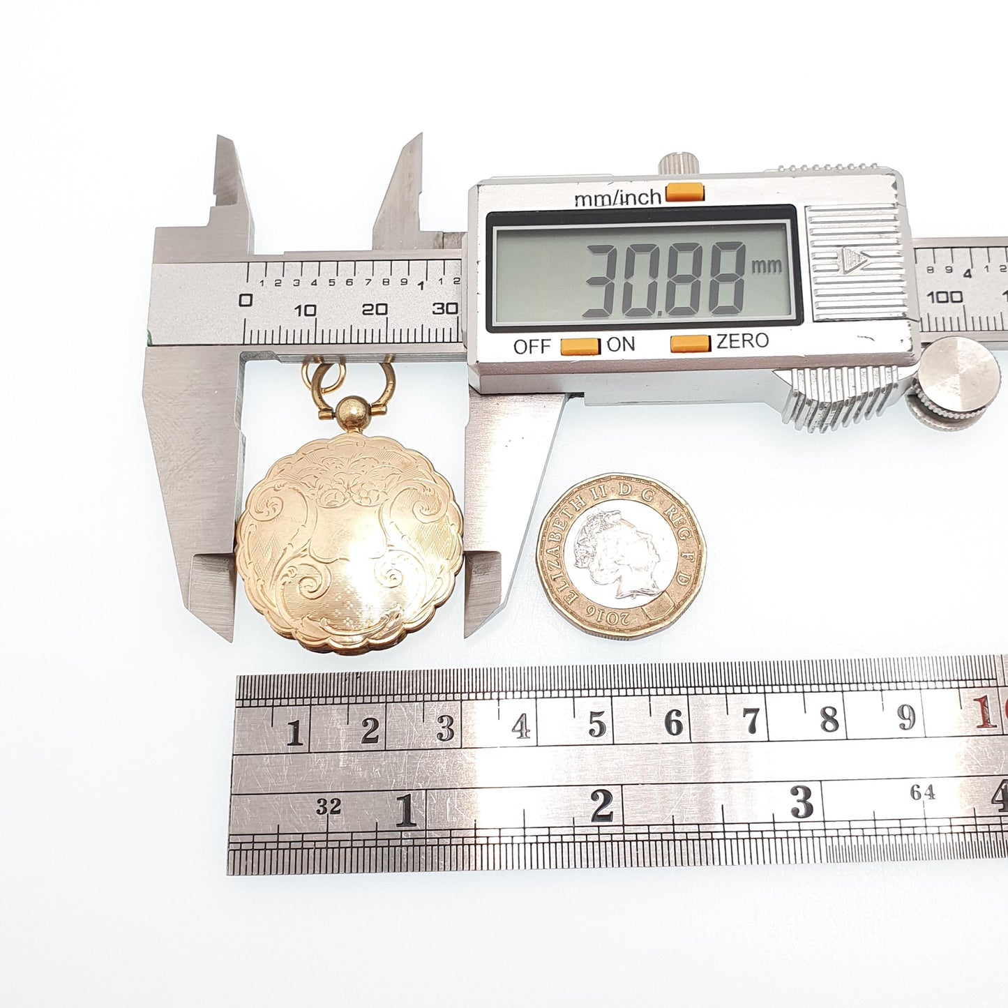 Antique Victorian 9ct 9k Gold Locket Necklace Pendant Large Big Solid Back & Front Pocket Watch Style Engraving Picture Jewelry Jewellery