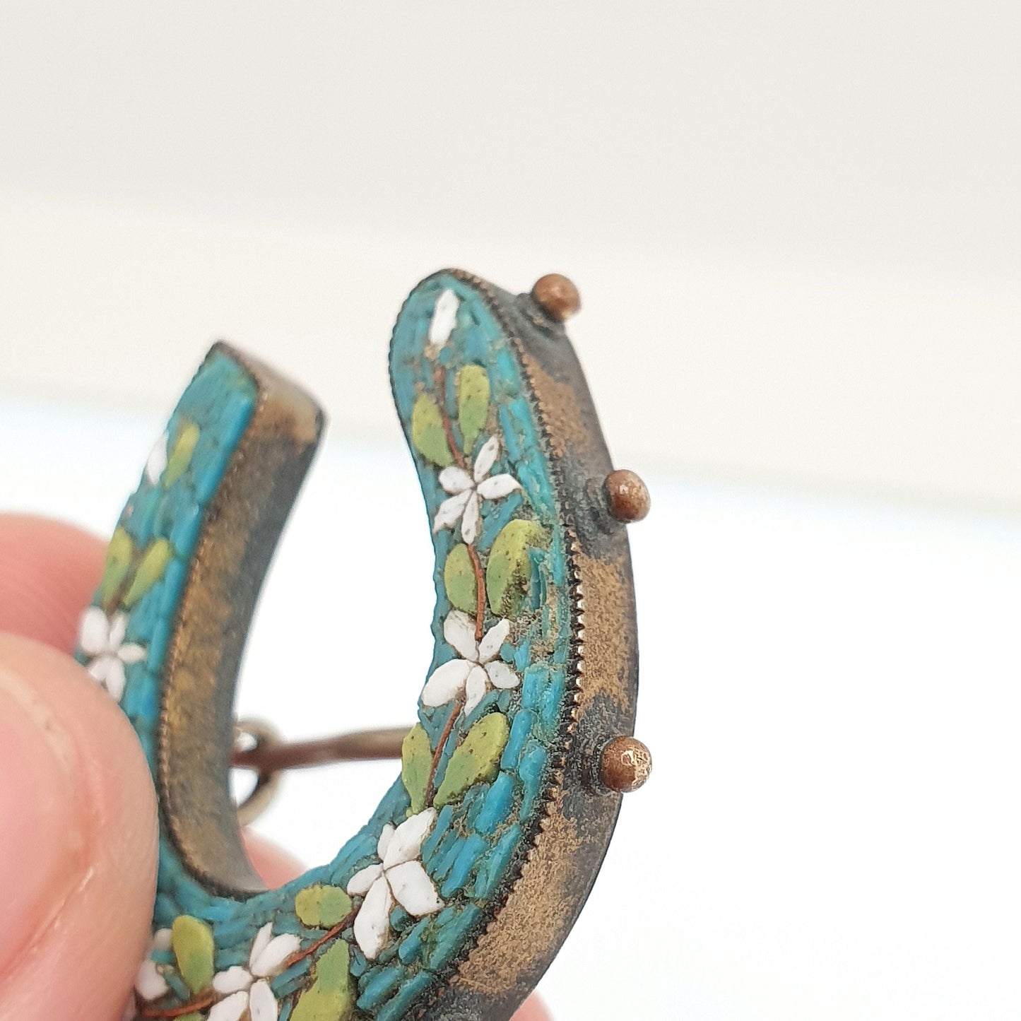 Antique Victorian Fine Micromosaic Horseshoe Brooch Micro Mosaic Gold Gilt Lucky Horse Riding Genuine Italian Vintage Jewelry Jewellery