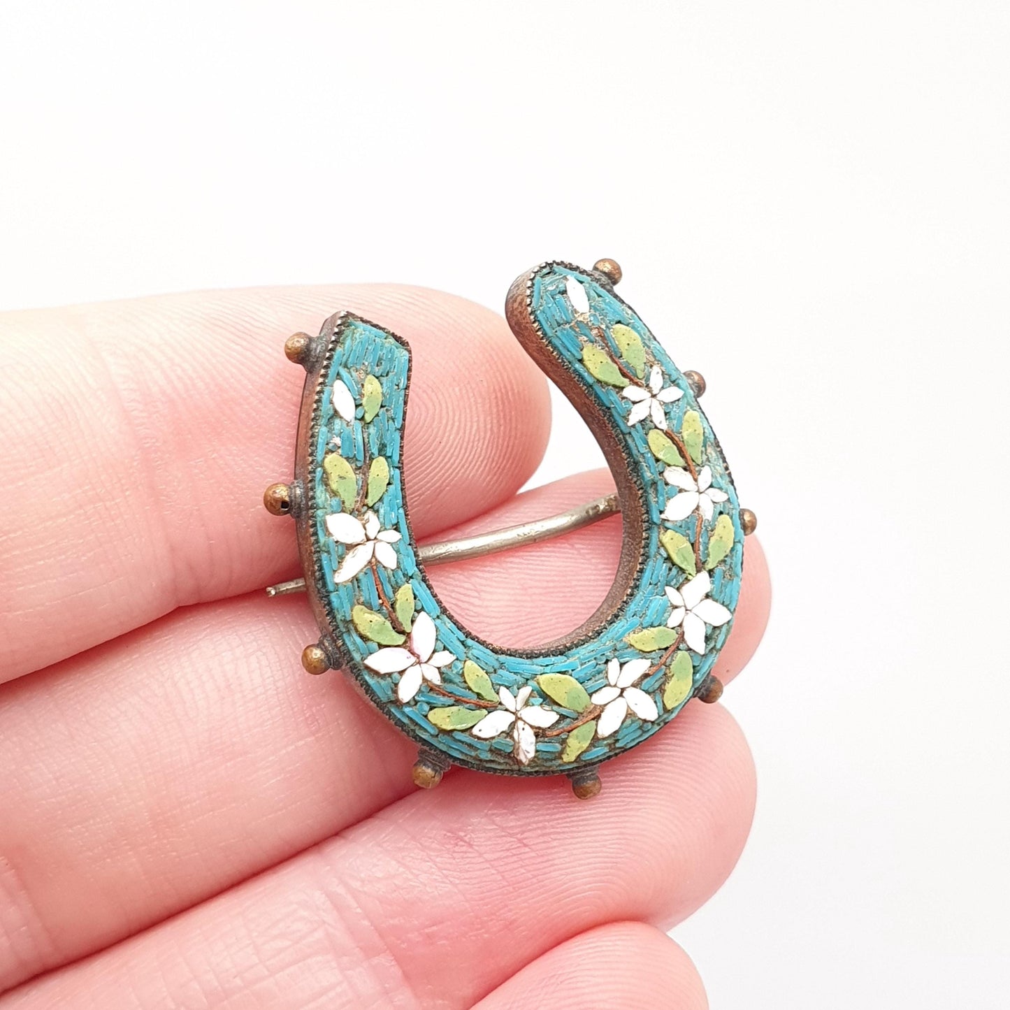 Antique Victorian Fine Micromosaic Horseshoe Brooch Micro Mosaic Gold Gilt Lucky Horse Riding Genuine Italian Vintage Jewelry Jewellery