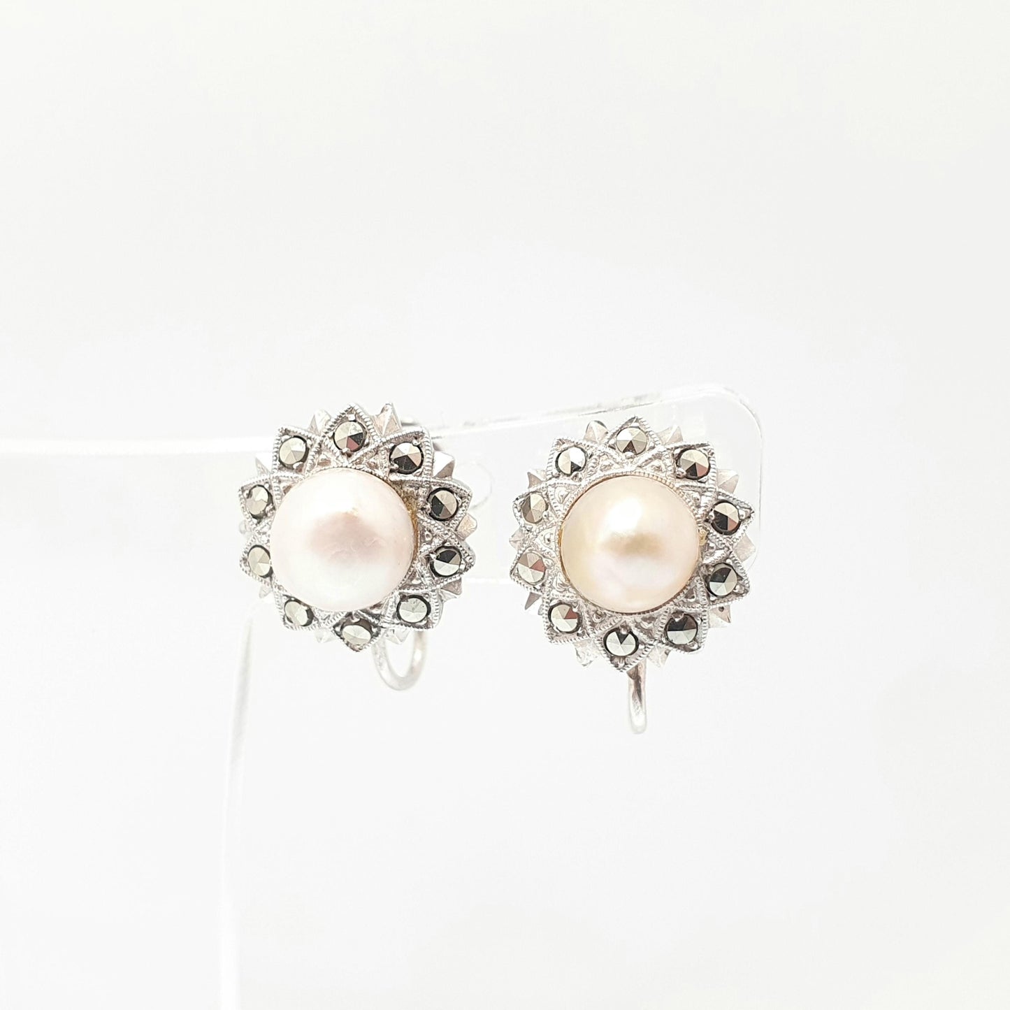 Antique Art Deco Solid Silver Pearl Earrings Marcasite Cultured Screw Back 1920s Vintage Flower Genuine Womens Ladies Jewelry Jewellery