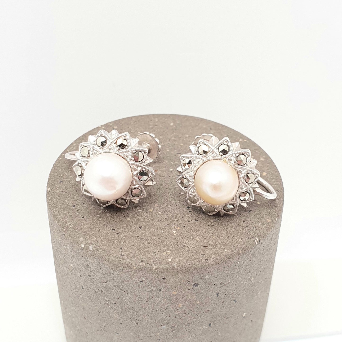Antique Art Deco Solid Silver Pearl Earrings Marcasite Cultured Screw Back 1920s Vintage Flower Genuine Womens Ladies Jewelry Jewellery