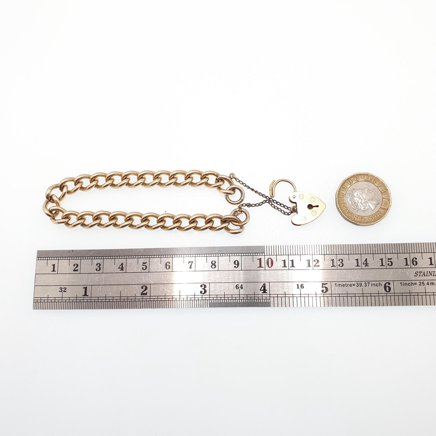 Antique 9ct Gold Metal Core Curb Link Bracelet Padlock Lock Clasp 18cm 24.08g Heavy Thick Rolled Gold Filled Womens Jewelry Retro Jewellery