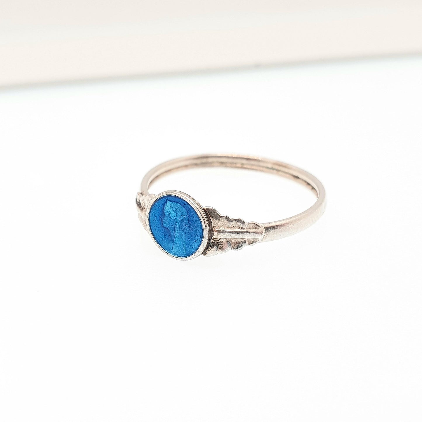 Antique Enamel Virgin Mary Ring Silver Plate Mother Mary Blue Religious Signet Catholic Christian Vintage 1910s Womens Jewelry Jewellery