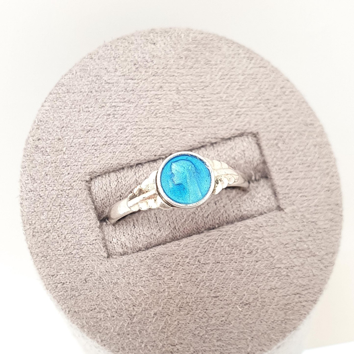 Antique Enamel Virgin Mary Ring Silver Plate Mother Mary Blue Religious Signet Catholic Christian Vintage 1910s Womens Jewelry Jewellery