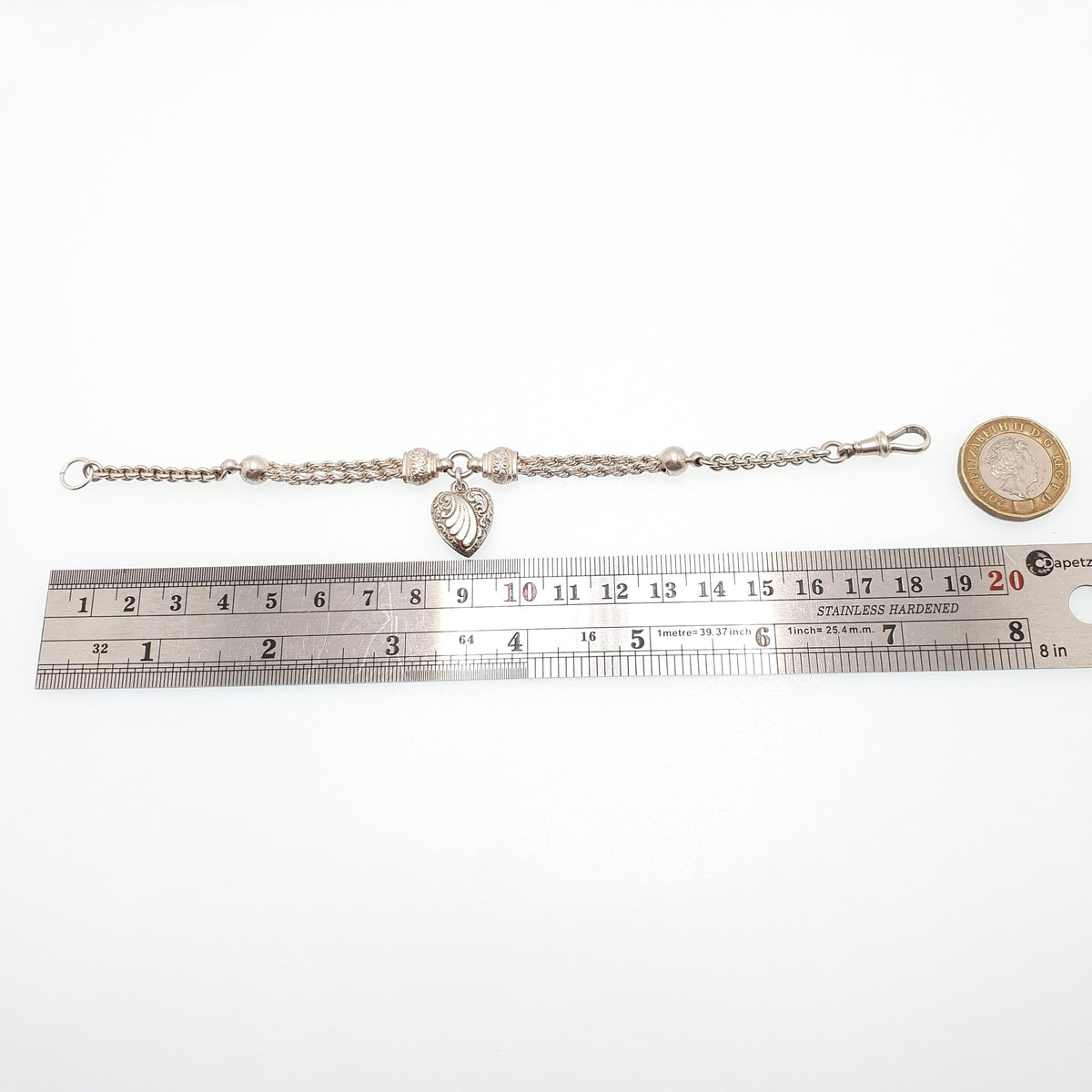 Antique Solid Silver Albertina Bracelet Victorian Heart Charm Dog Clip Engraved Chain 11.01g 19cm Vintage Gift Womens Jewelry Jewellery