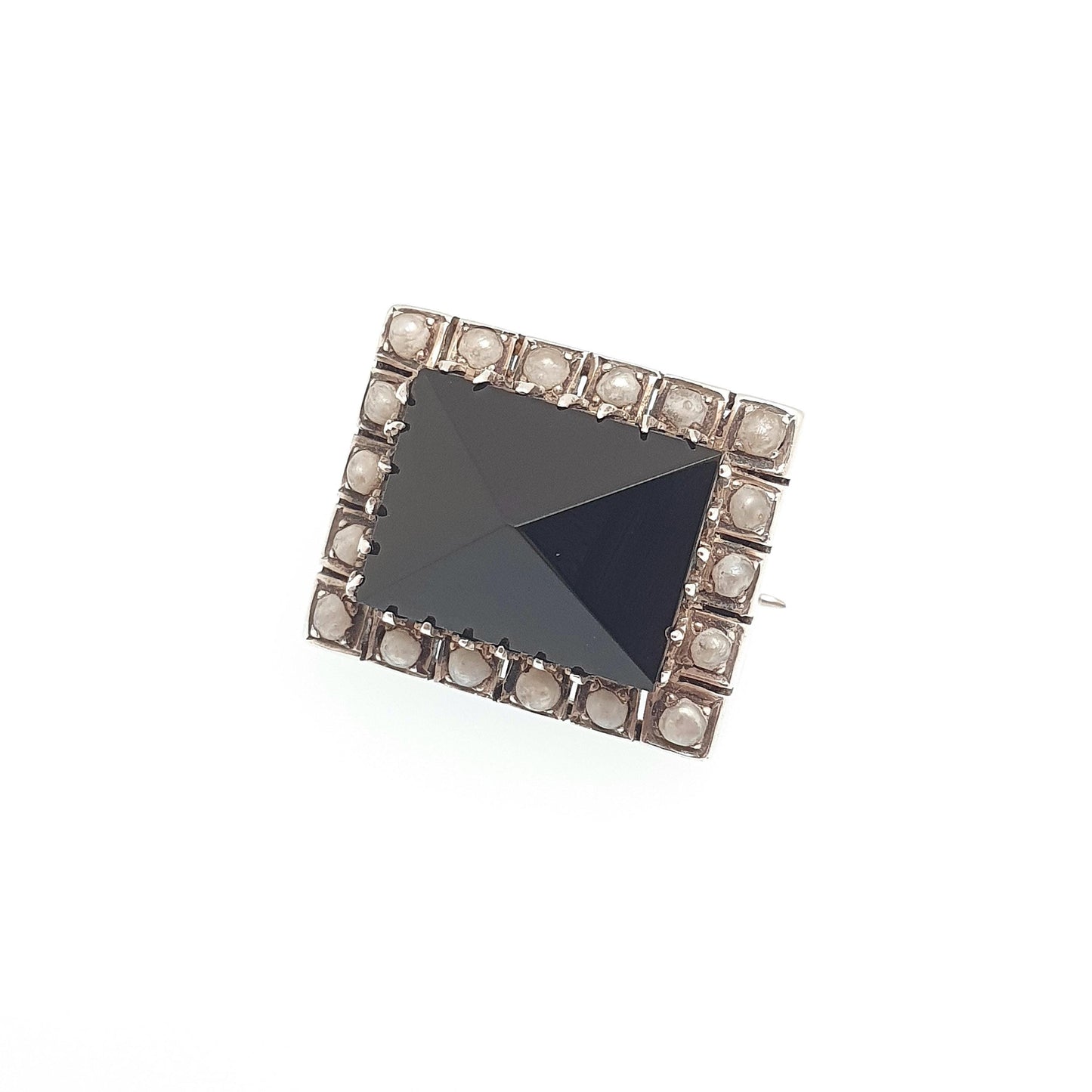 Antique Victorian Solid Silver Onyx Seed Pearl Brooch Rectangular Genuine Gemstone Black Quartz 1800s Vintage Womens Jewelry Jewellery