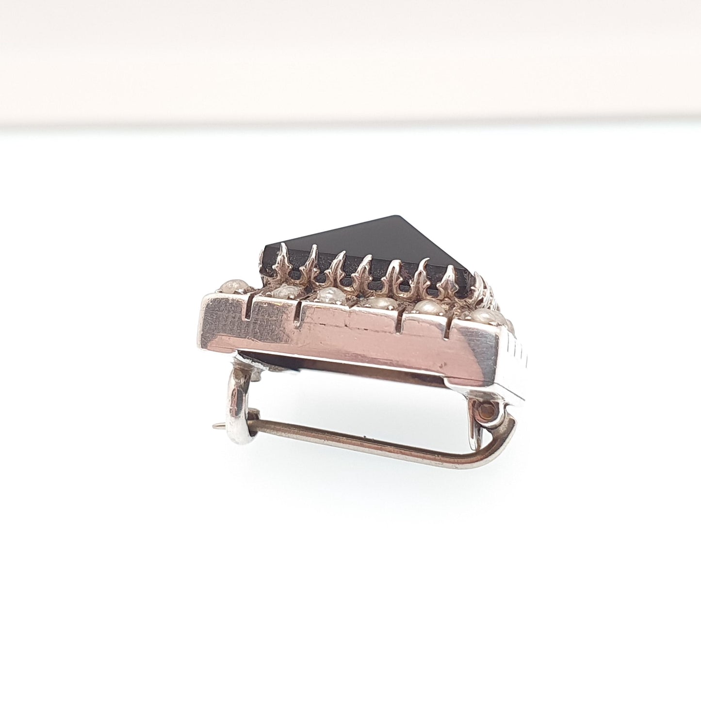 Antique Victorian Solid Silver Onyx Seed Pearl Brooch Rectangular Genuine Gemstone Black Quartz 1800s Vintage Womens Jewelry Jewellery