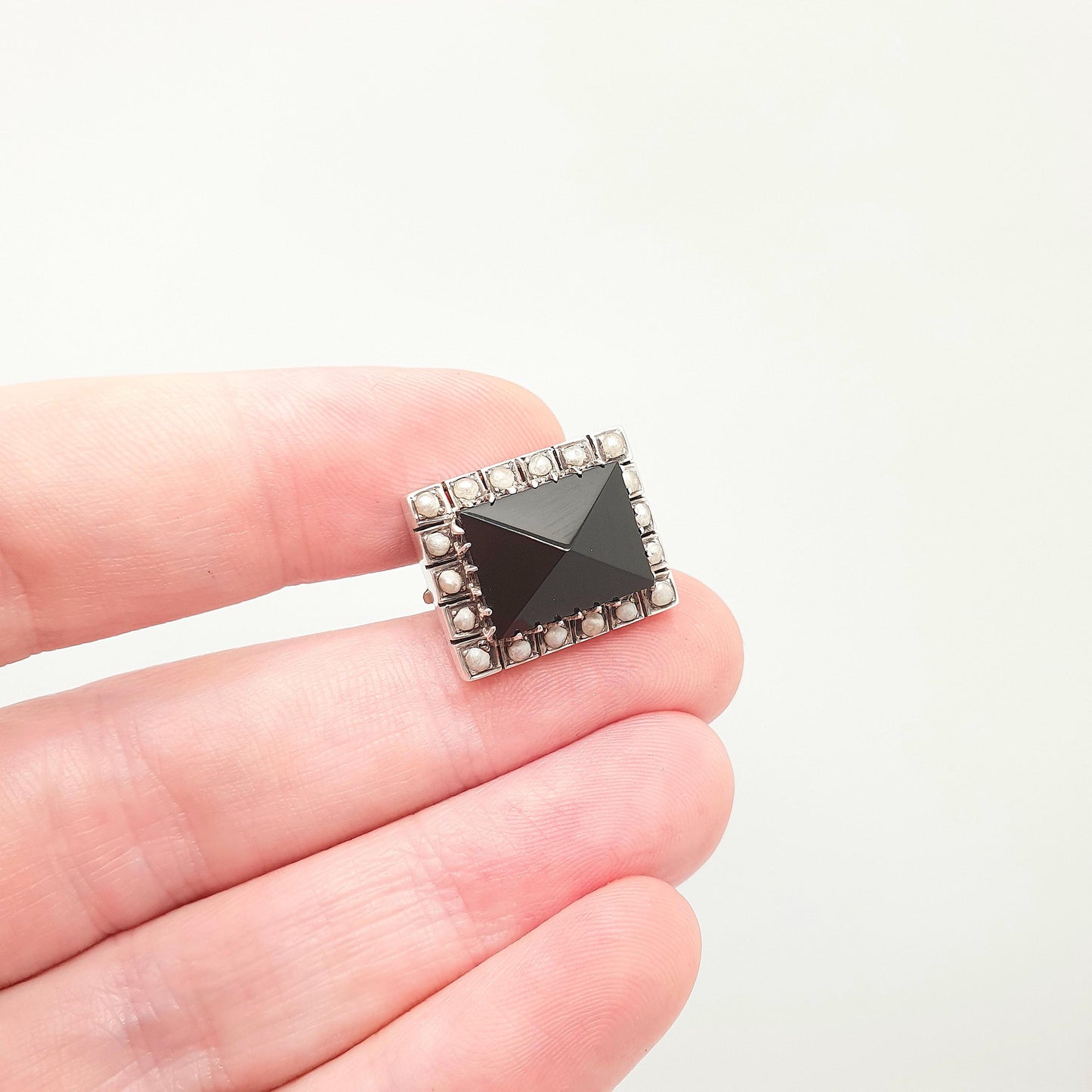 Antique Victorian Solid Silver Onyx Seed Pearl Brooch Rectangular Genuine Gemstone Black Quartz 1800s Vintage Womens Jewelry Jewellery