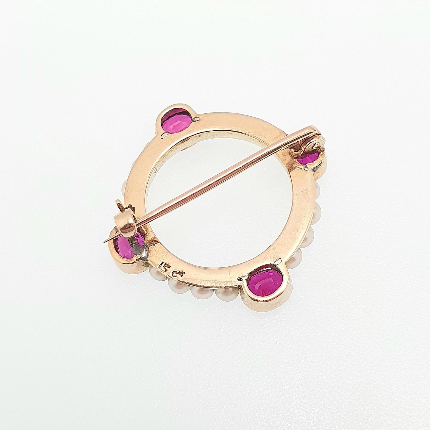 Antique 15ct Gold Ruby Brooch Cultured Pearl Solid 625 15 Carat Edwardian Genuine Gemstone Wreath Cluster Vintage Jewelry Womens Jewellery
