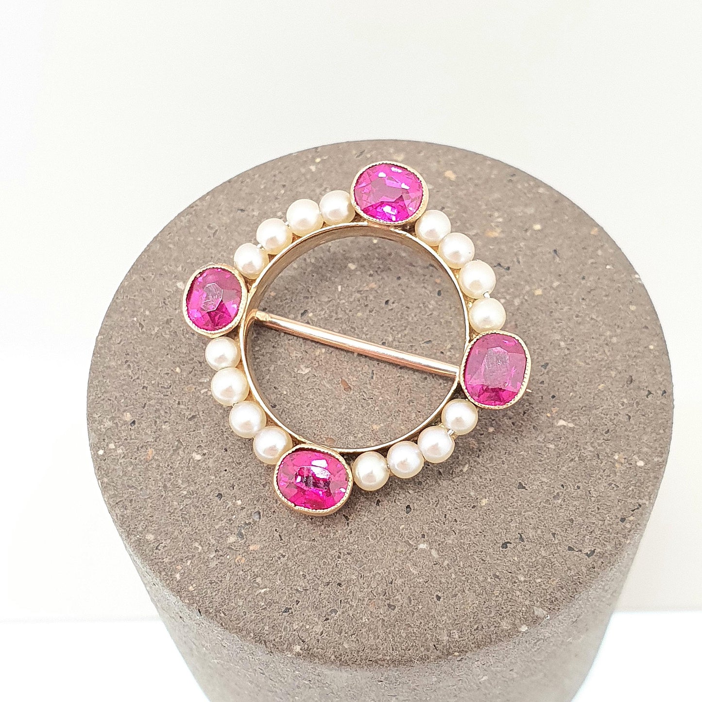 Antique 15ct Gold Ruby Brooch Cultured Pearl Solid 625 15 Carat Edwardian Genuine Gemstone Wreath Cluster Vintage Jewelry Womens Jewellery