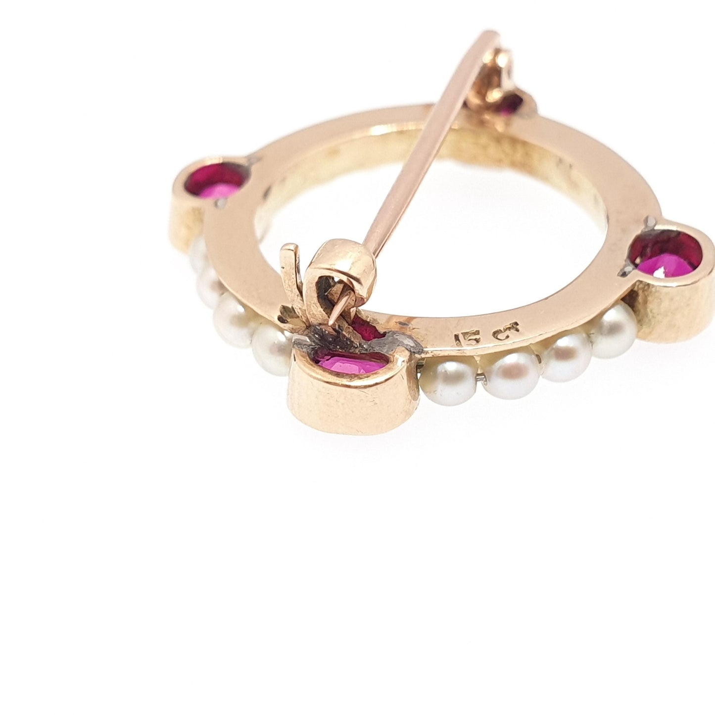 Antique 15ct Gold Ruby Brooch Cultured Pearl Solid 625 15 Carat Edwardian Genuine Gemstone Wreath Cluster Vintage Jewelry Womens Jewellery