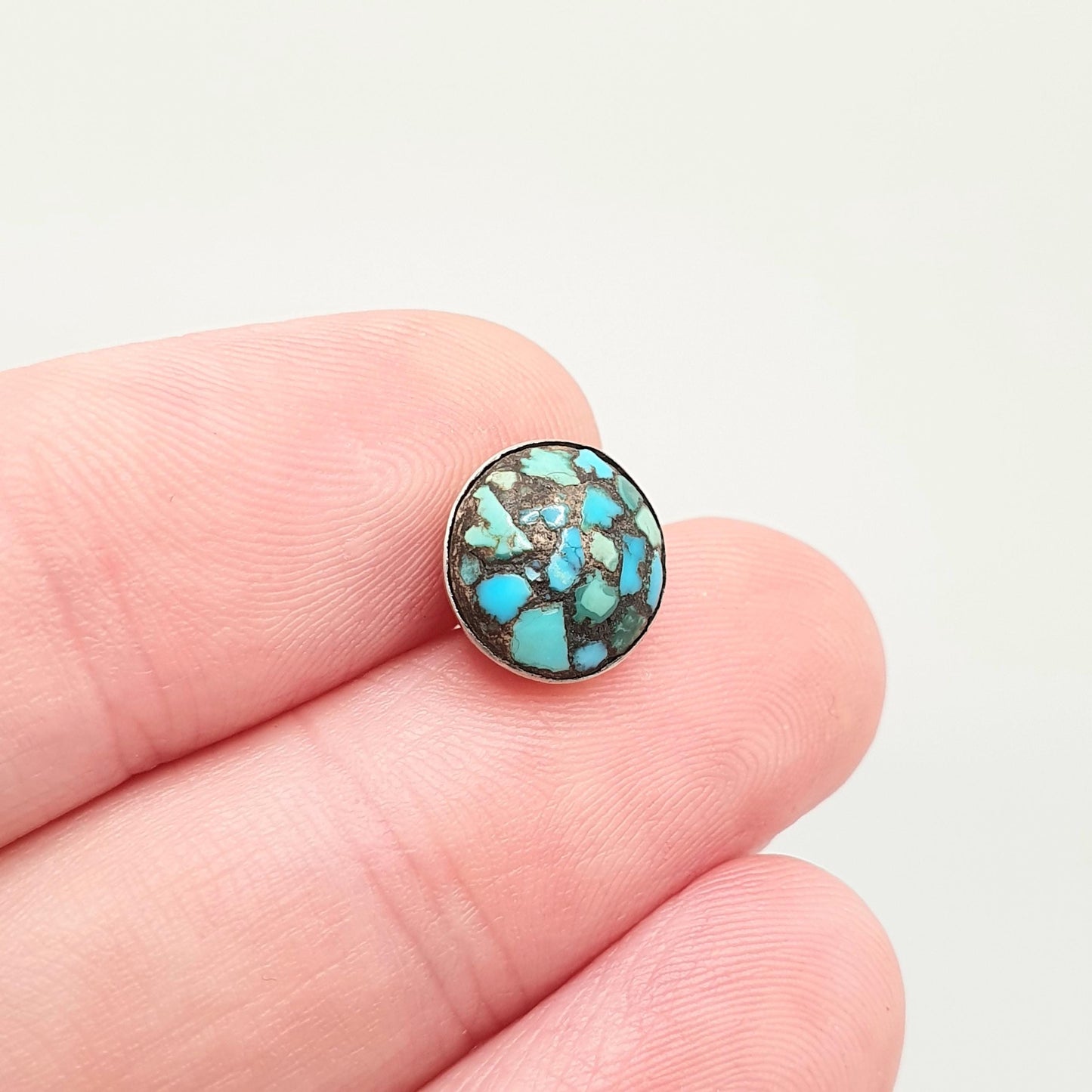 Antique Turquoise Solid Silver Pendant Victorian Old Button or Cuff Link Necklace Mosaic Matrix Natural Round Vintage Jewelry Jewellery