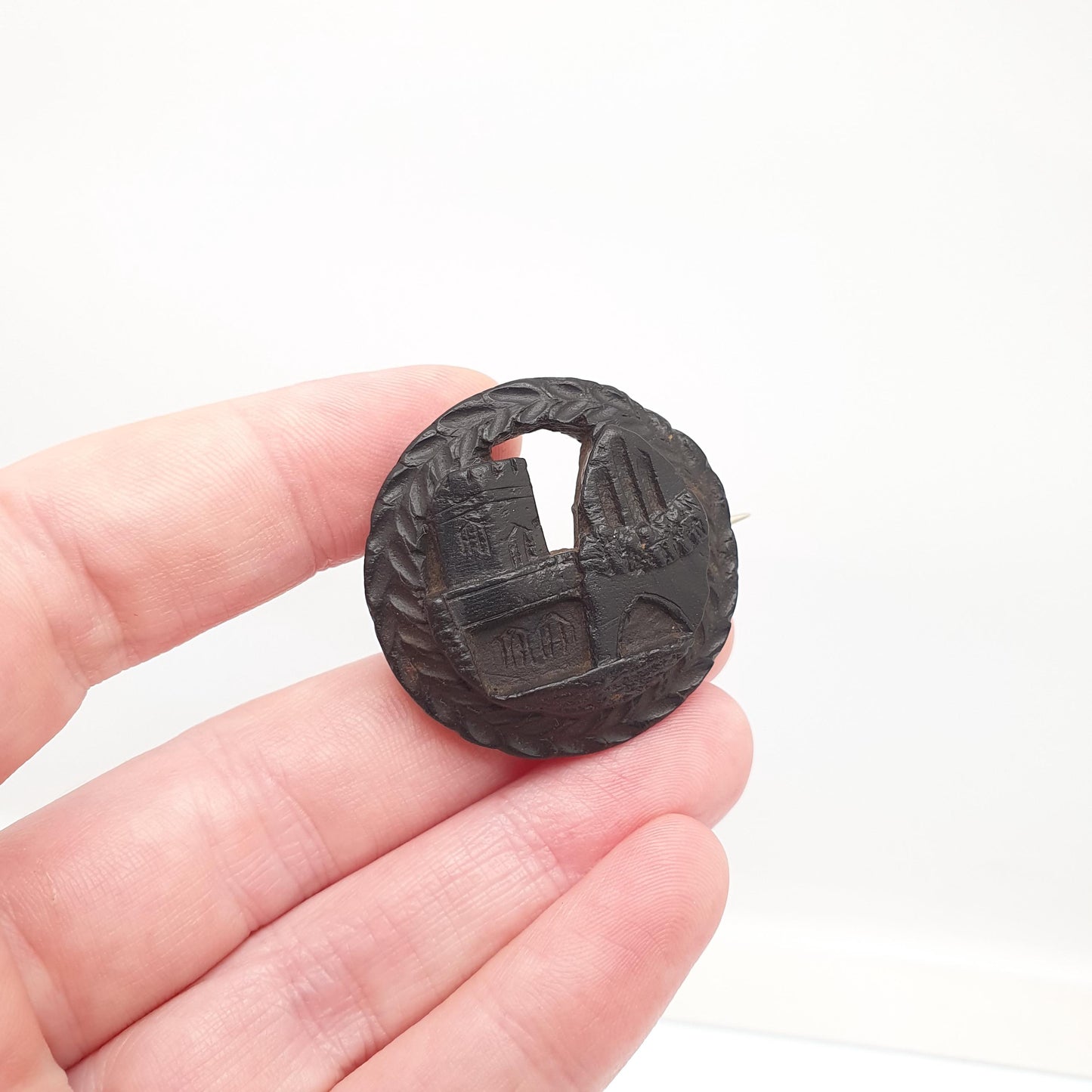 Antique Victorian Bog Oak Brooch Castle Church Cathedral KINDALE Mourning Whitby Jet Imitation 1800s Rope Vintage Jewelry Jewellery