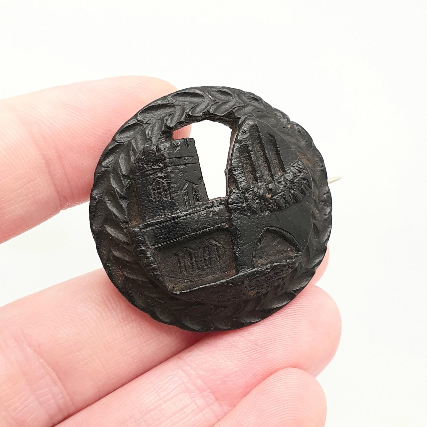 Antique Victorian Bog Oak Brooch Castle Church Cathedral KINDALE Mourning Whitby Jet Imitation 1800s Rope Vintage Jewelry Jewellery
