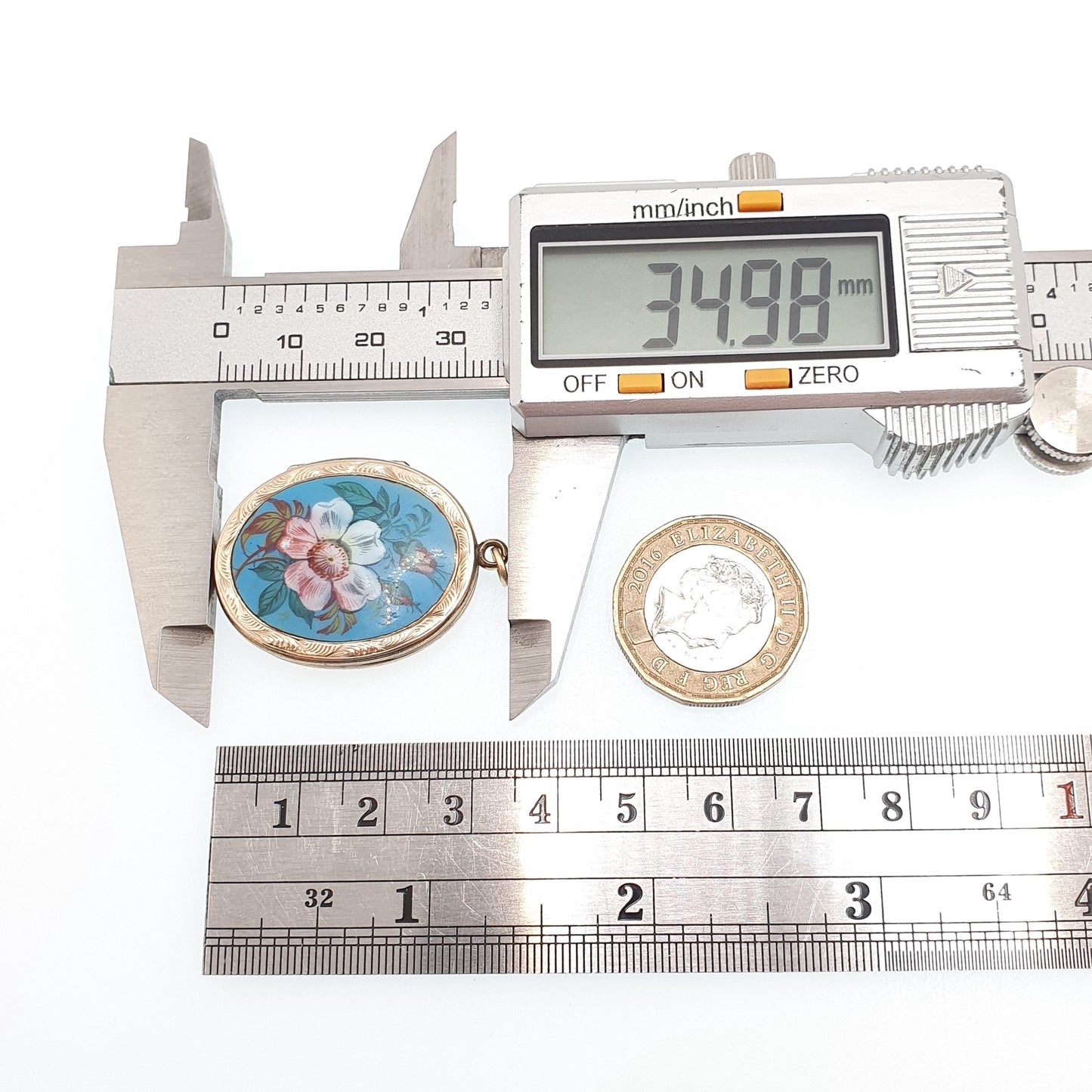 Antique Victorian 9ct 9k Gold Locket Enamel Flower Hand Painted Necklace Pendant Large Big Solid Back & Front Engraved Jewelry Jewellery