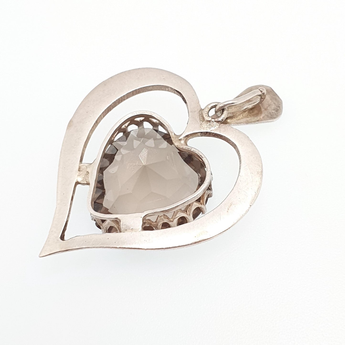 Vintage Solid Silver Smoky Quartz Heart Necklace Pendant Very Large Big Heart Cut Heavy Chunky Ladies Womens Jewelry Jewellery