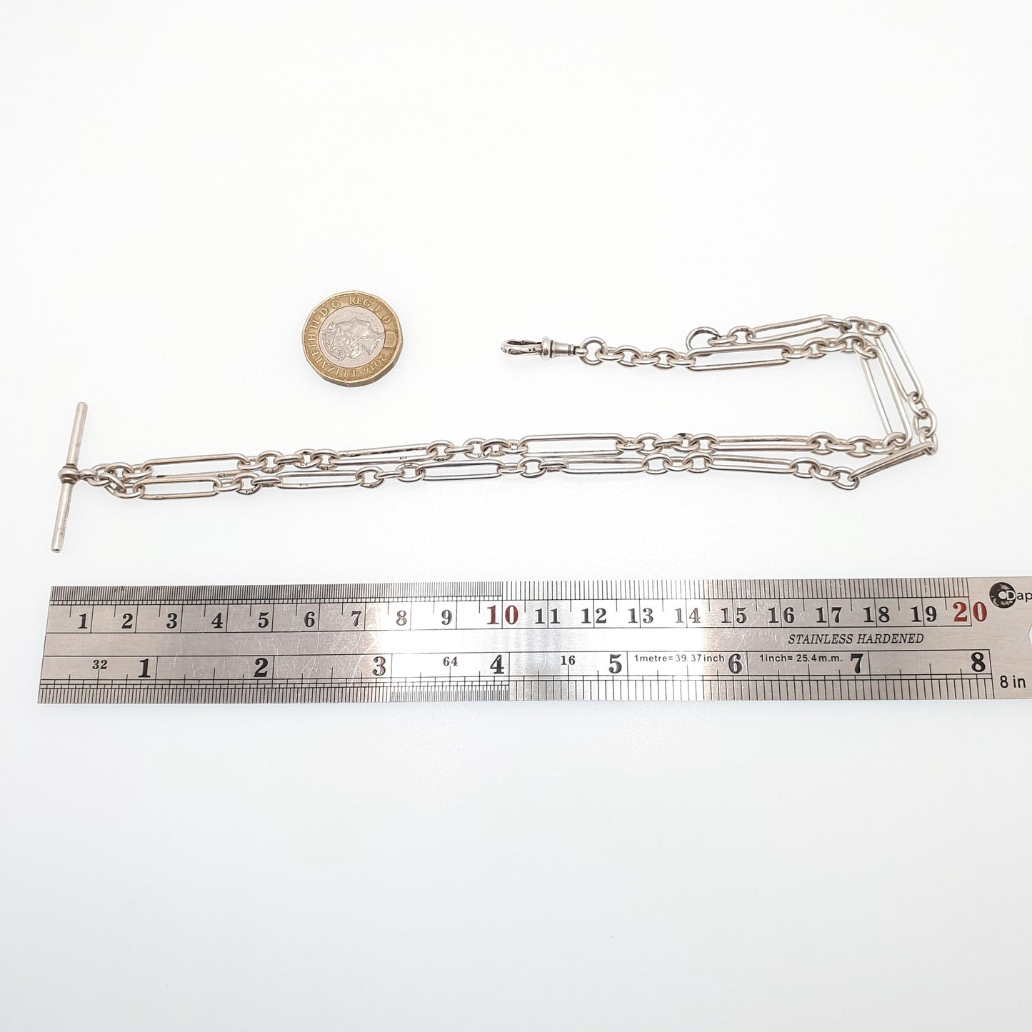 Antique Victorian Sterling Silver Staple Link T Bar Necklace Albert Chain Trombone Churchill Dog Clip 31.86g 56cm Long Old Vintage Jewelry