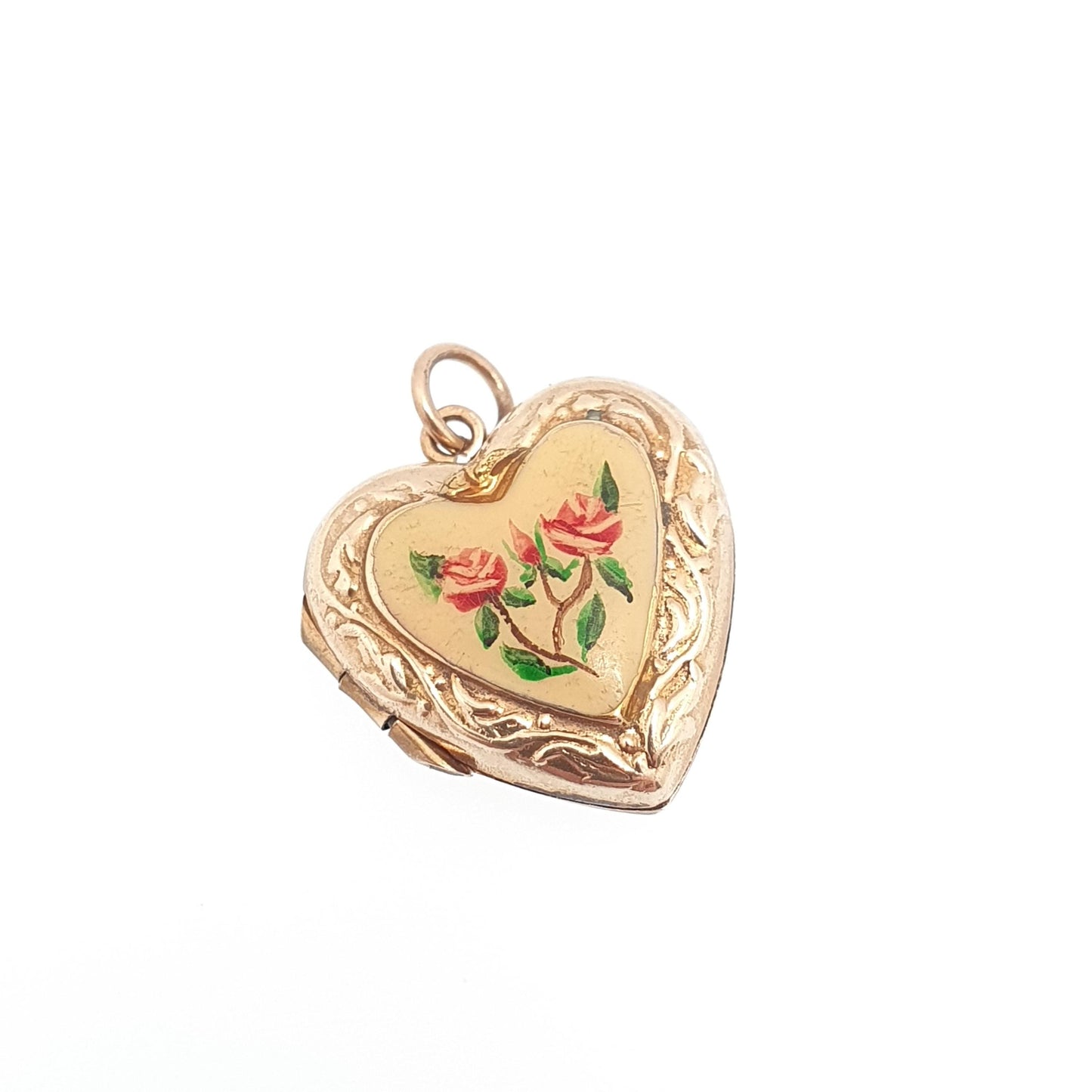 Antique 9ct Gold Heart Locket Enamel Flower Small Cute Engraved Solid 9k 375 Pendant Fine Back & Front Necklace Jewelry Womens Jewellery