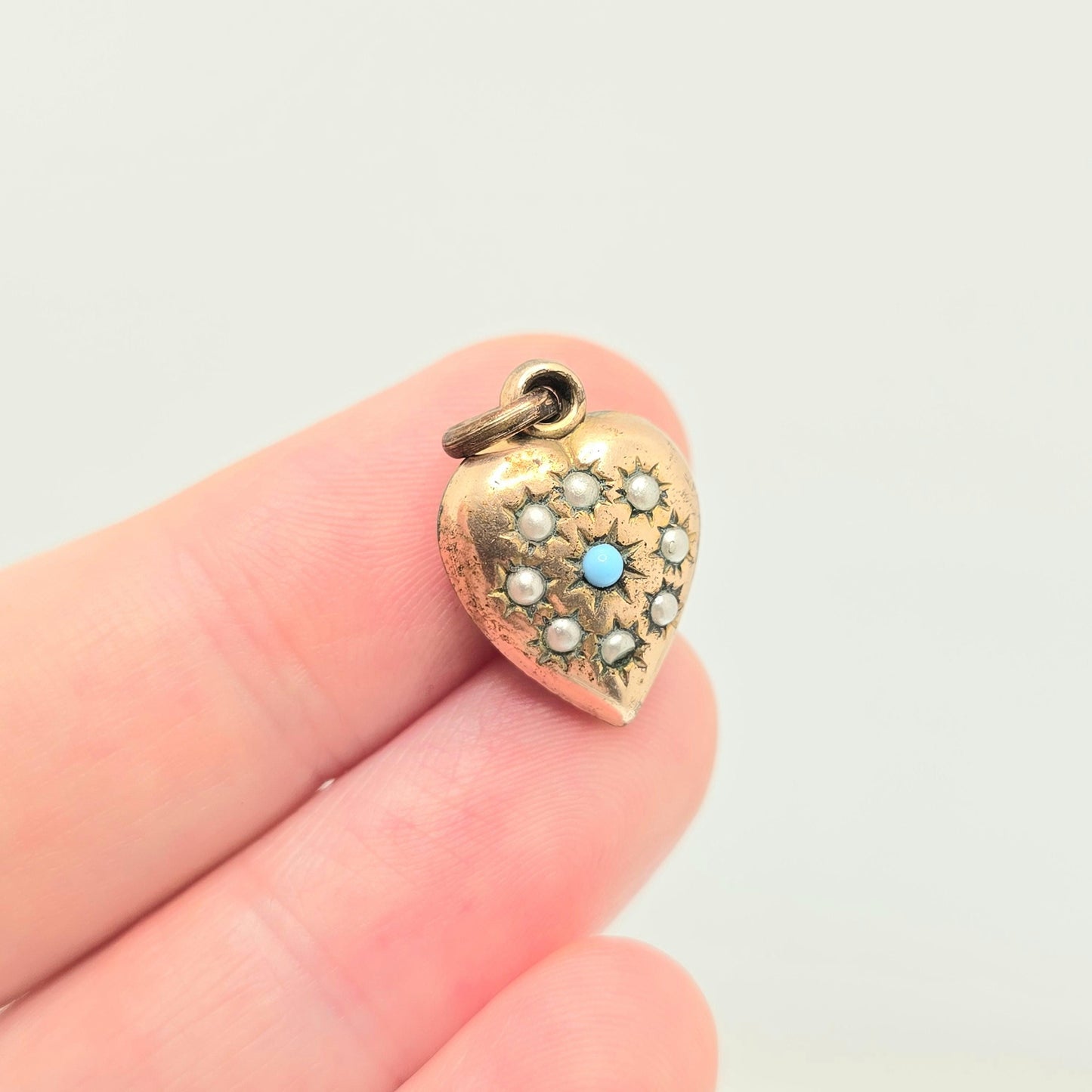 Antique Victorian Rolled Gold Heart Faux Seed Pearl Turquoise Necklace Pendant Charm Puffer Gold Filled Womens Jewelry Vintage Jewellery