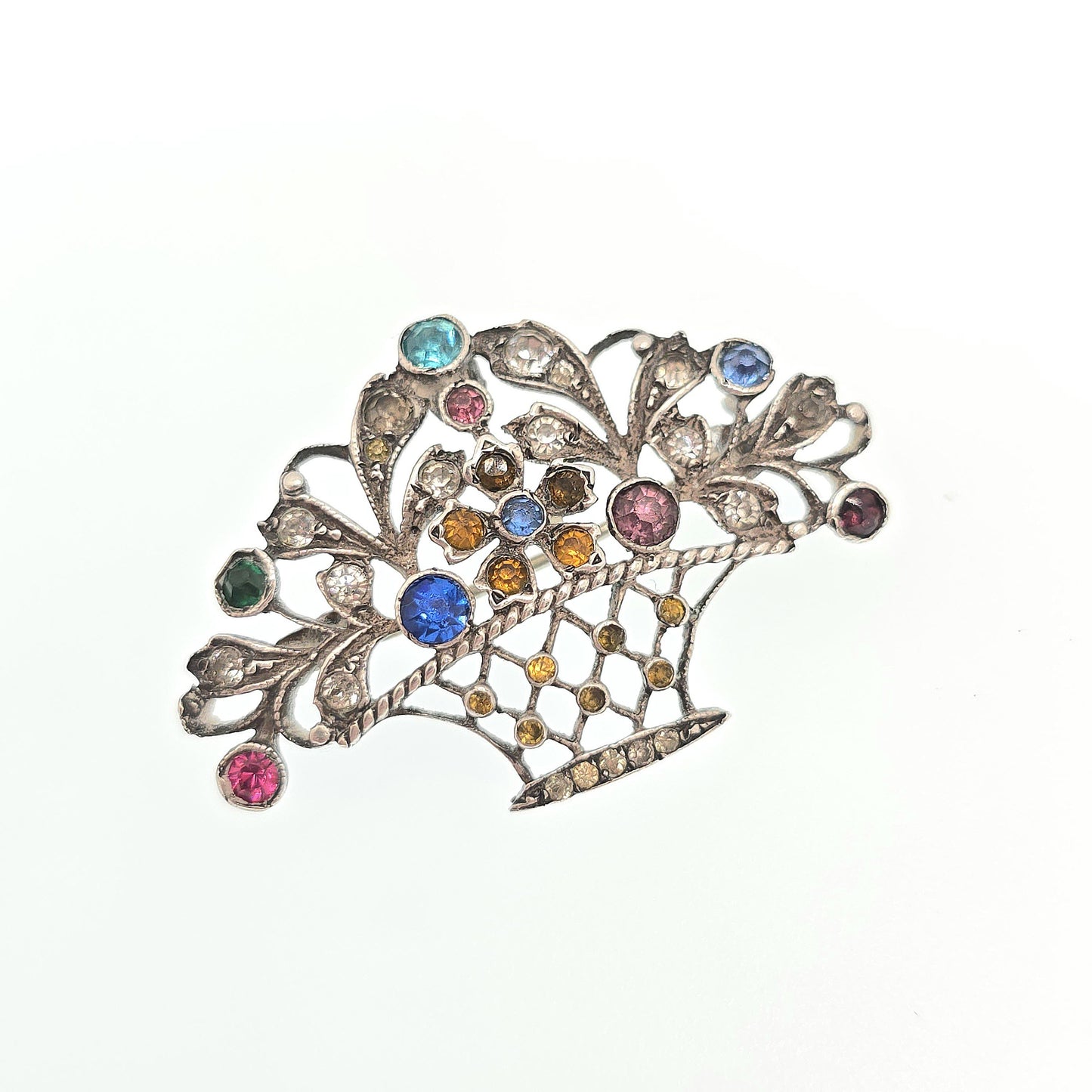 Antique Solid Silver Victorian Giardinetti Brooch Paste Little Garden Flower Basket Large Italian Gift Vintage Womens Jewelry Jewellery