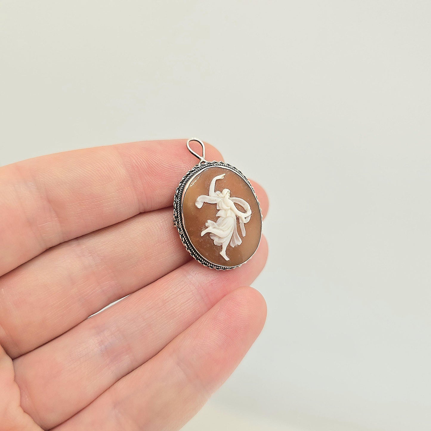 Antique Solid Silver Grace Cameo Brooch Pendant Art Deco Shell Hand Carved Necklace Dancing Fine Estate Vintage Jewelry Jewellery Jewelry