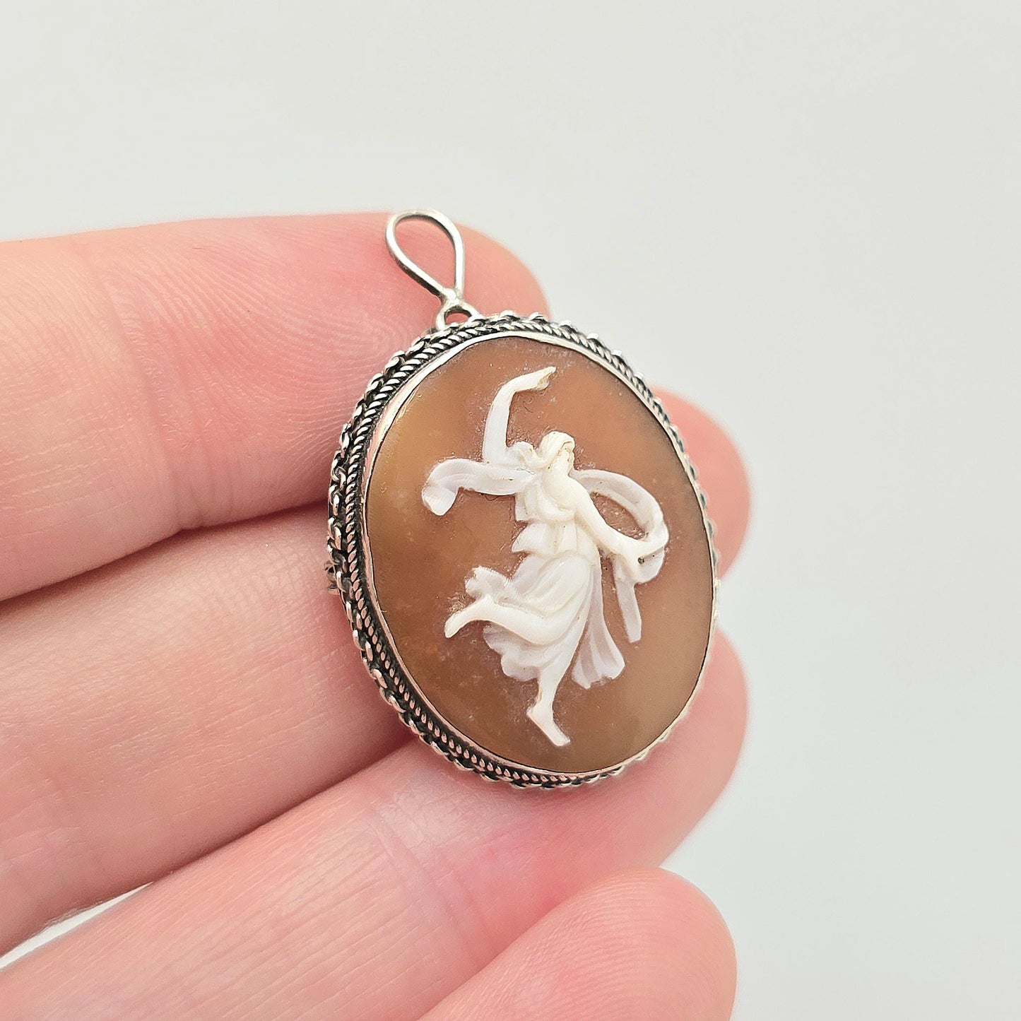 Antique Solid Silver Grace Cameo Brooch Pendant Art Deco Shell Hand Carved Necklace Dancing Fine Estate Vintage Jewelry Jewellery Jewelry