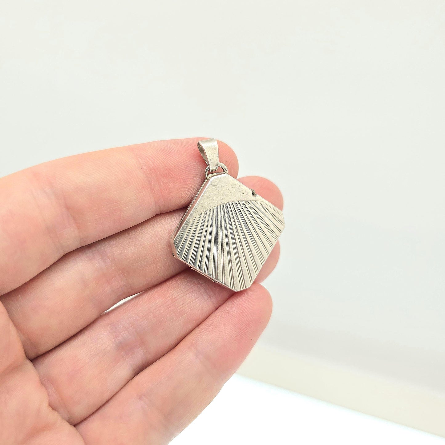 Antique Sterling Silver Locket Art Deco Square Sunburst Pattern Necklace Pendant Rare Fine 1920s Picture Photo Jewelry Vintage Jewellery