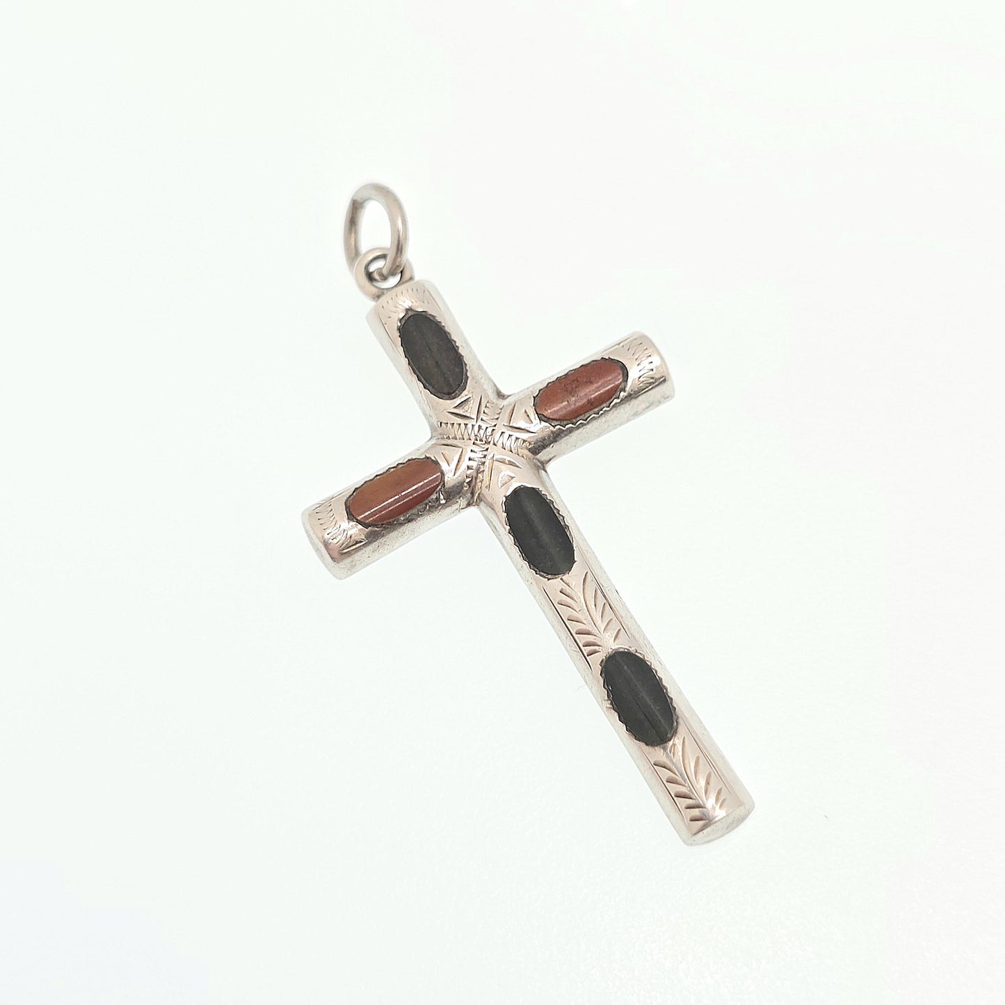 Antique Sterling Silver Bloodstone Jasper Cross Necklace Pendant Scottish Crucifix Quartz Agate Big Large Vintage Jewelry Jewellery Womens