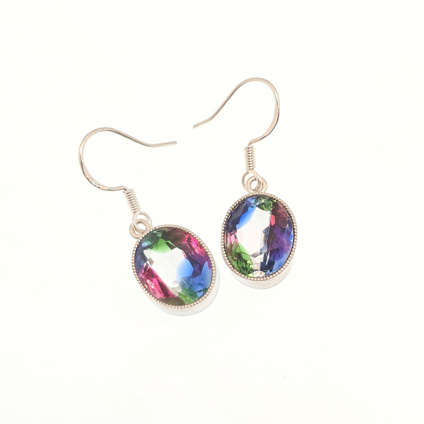 RESERVED/SOLD DON Antique Solid Silver Iris Rainbow Glass Earrings Screw Stud Art Deco Tutti Frutti Sparkly Foiled Fine Vintage