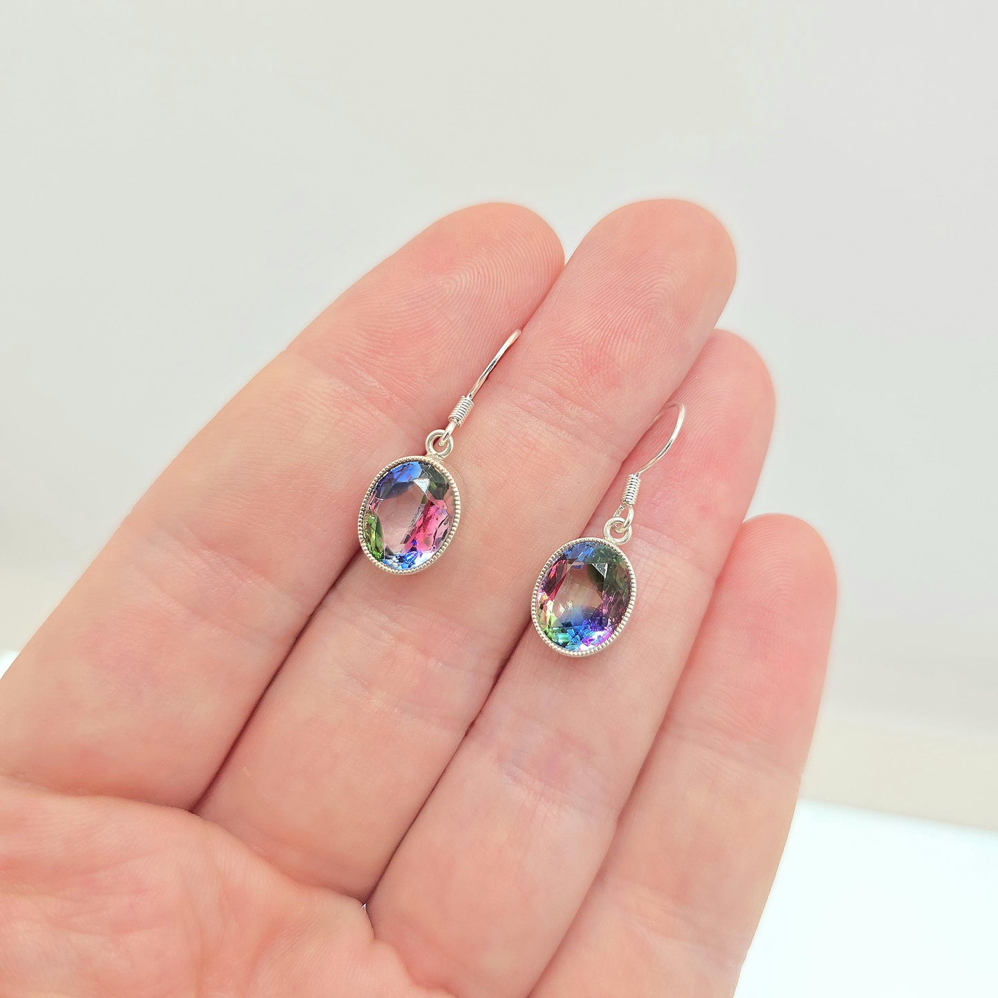 RESERVED/SOLD DON Antique Solid Silver Iris Rainbow Glass Earrings Screw Stud Art Deco Tutti Frutti Sparkly Foiled Fine Vintage