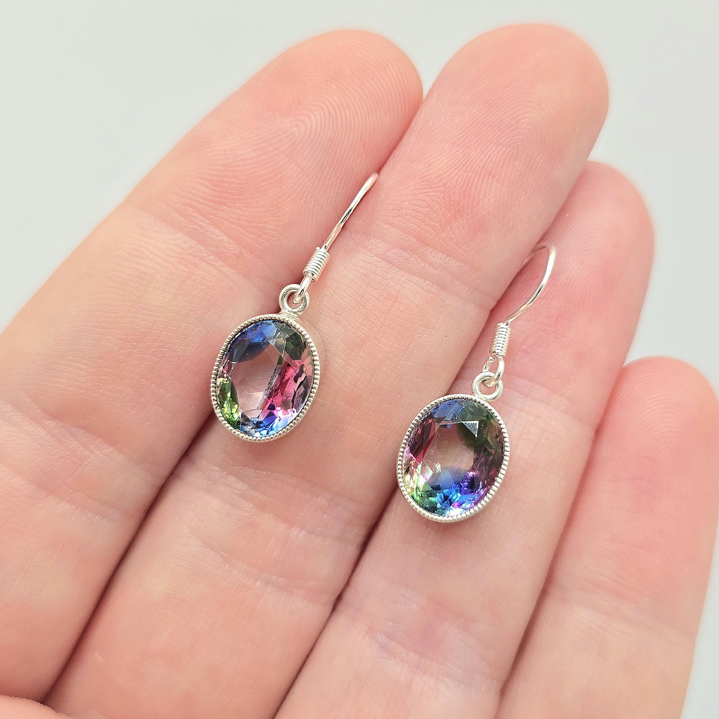 RESERVED/SOLD DON Antique Solid Silver Iris Rainbow Glass Earrings Screw Stud Art Deco Tutti Frutti Sparkly Foiled Fine Vintage