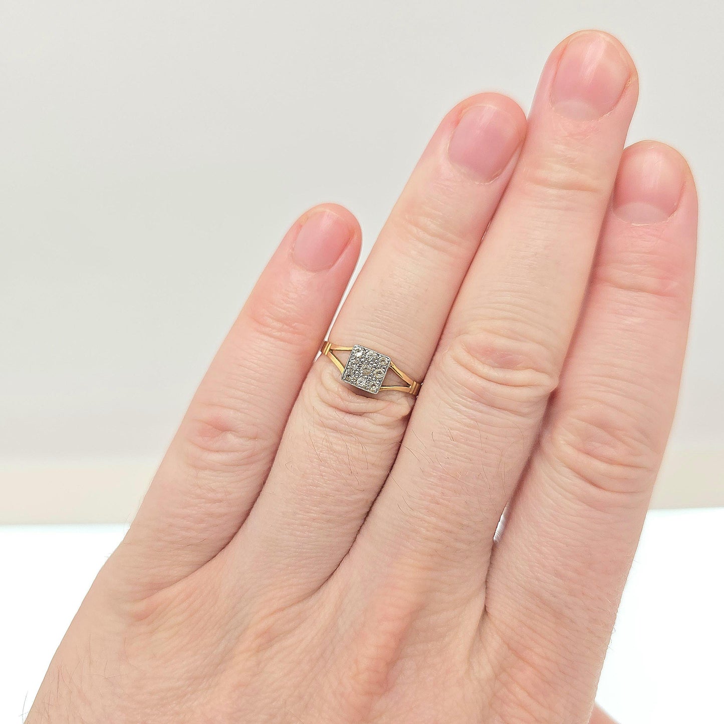 Antique 18k 18ct Gold White Sapphire Ring Art Deco Square Grid Platinum Solid 750 18kt Wedding Womens Engagement Vintage Jewellery Jewelry