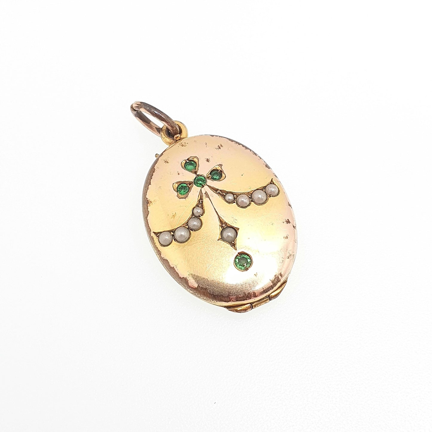 Antique Rolled Gold Locket Emerald Paste Seed Pearl Bow Necklace Pendant Victorian Yellow Filled Oval Pattern Vintage Jewellery Jewelry