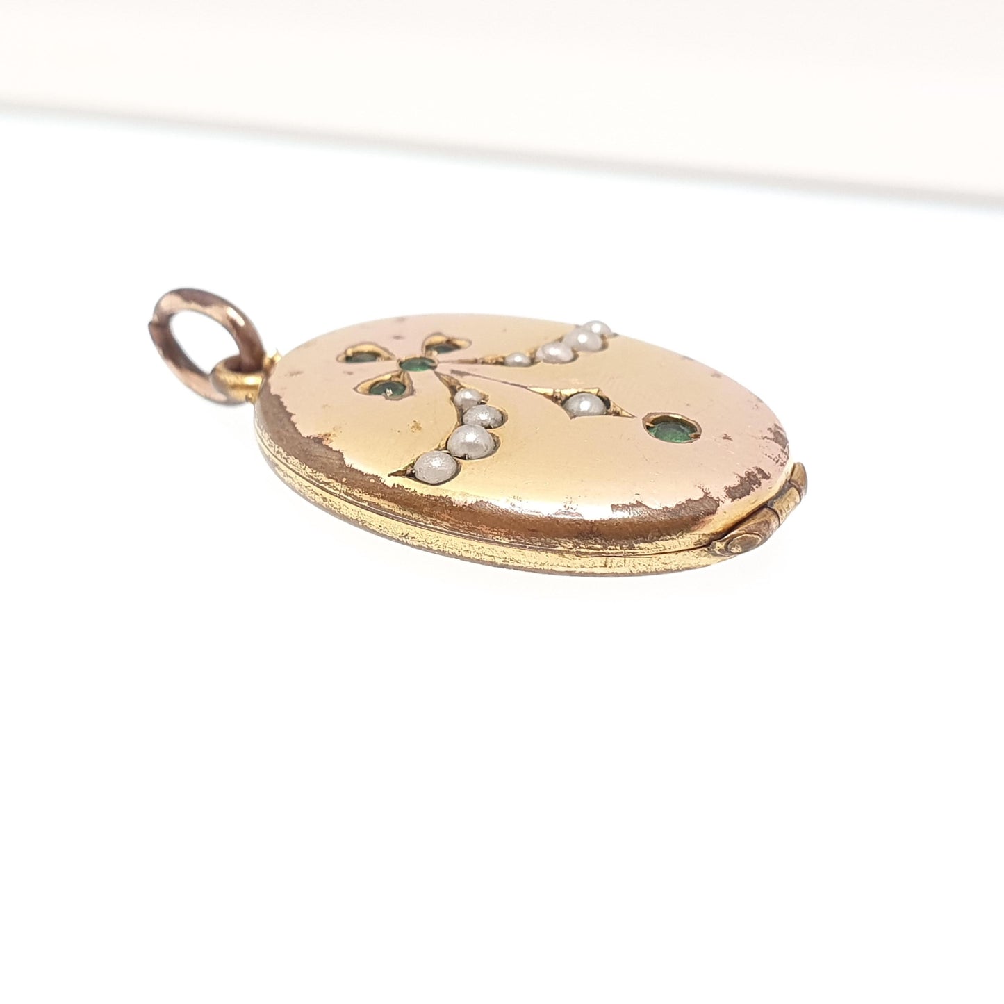Antique Rolled Gold Locket Emerald Paste Seed Pearl Bow Necklace Pendant Victorian Yellow Filled Oval Pattern Vintage Jewellery Jewelry