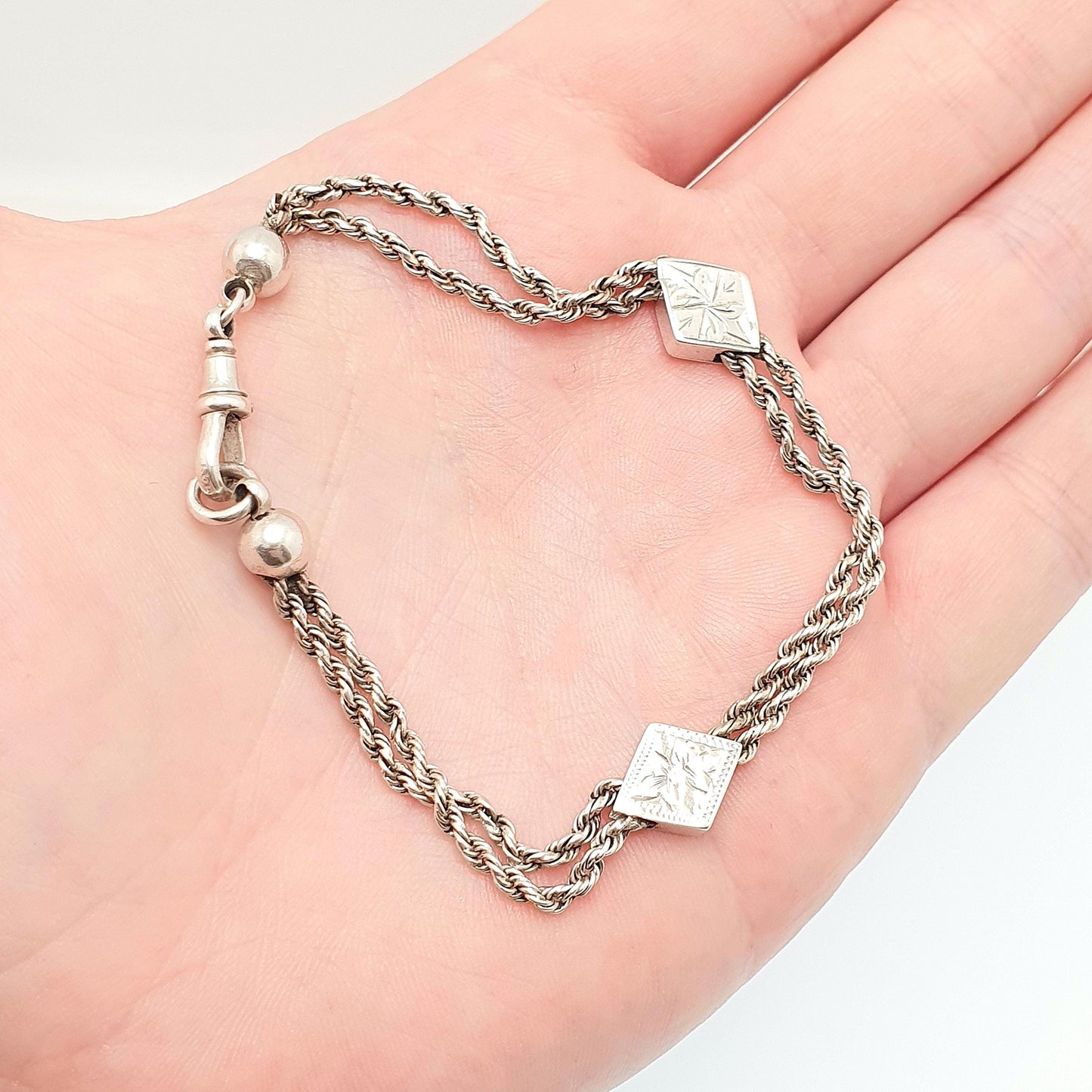 Antique Solid Silver Albertina Bracelet Victorian Kite Spacer Rope Link Engraved Chain 9.70g 20.5cm Vintage Gift Womens Jewelry Jewellery