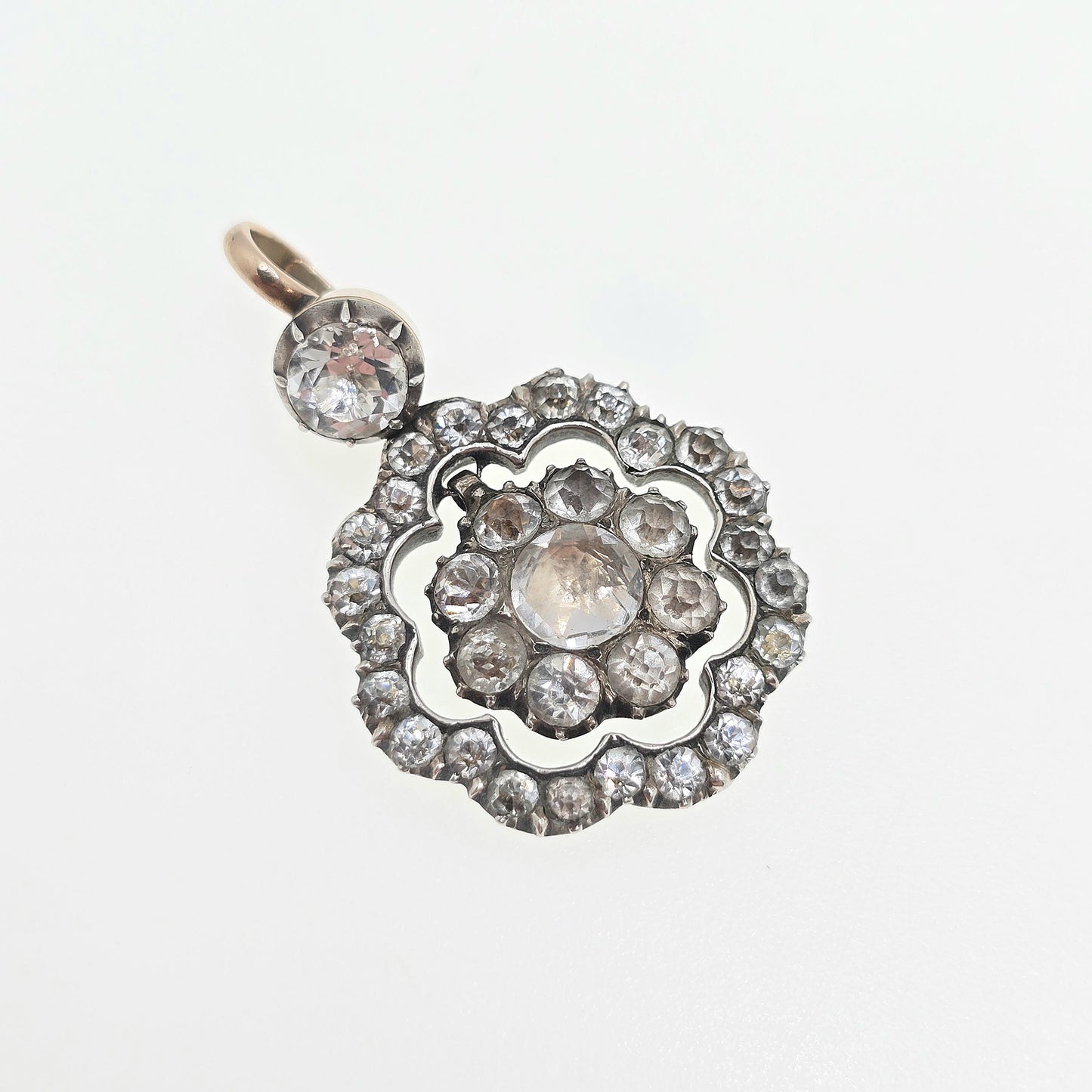 Antique Victorian Solid Silver Diamond Paste Pendant 9ct Gold Necklace Old Cut Rare Sparkly Mid 1800s Vintage Jewellery Jewelry