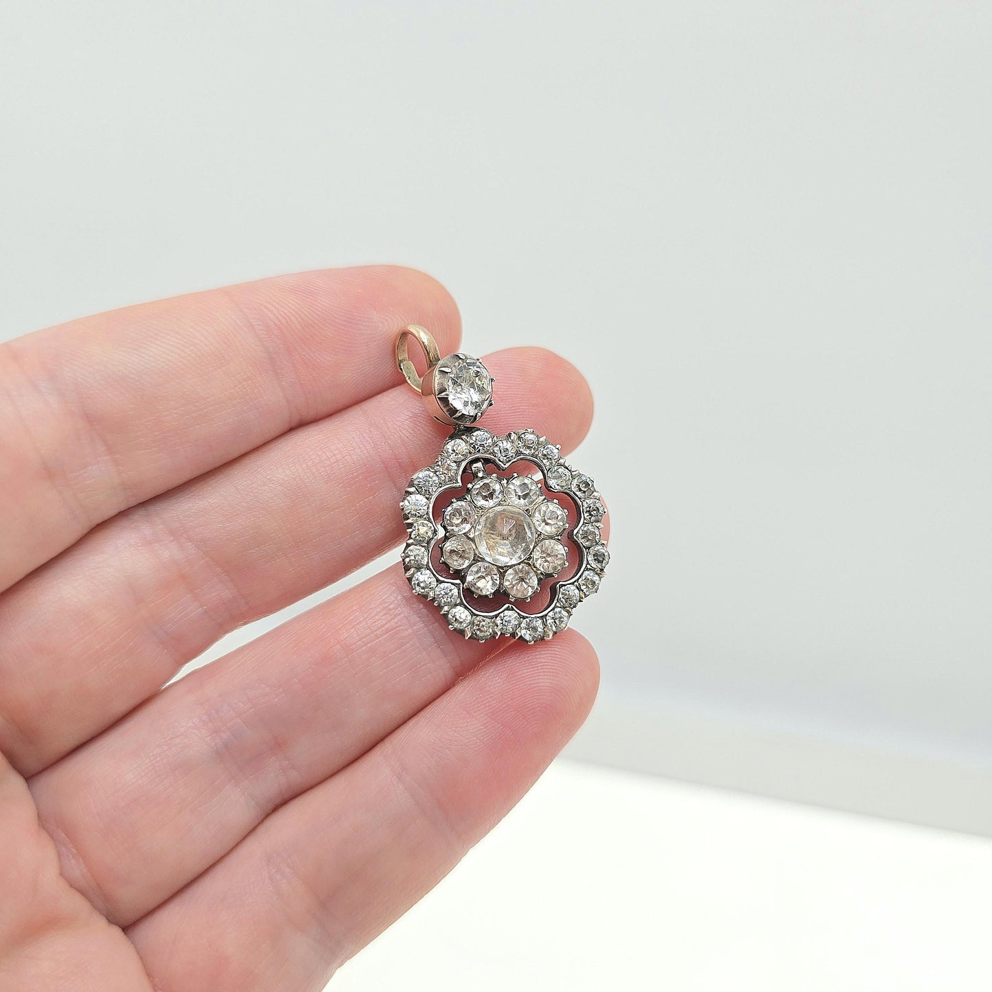 Antique Victorian Solid Silver Diamond Paste Pendant 9ct Gold Necklace Old Cut Rare Sparkly Mid 1800s Vintage Jewellery Jewelry