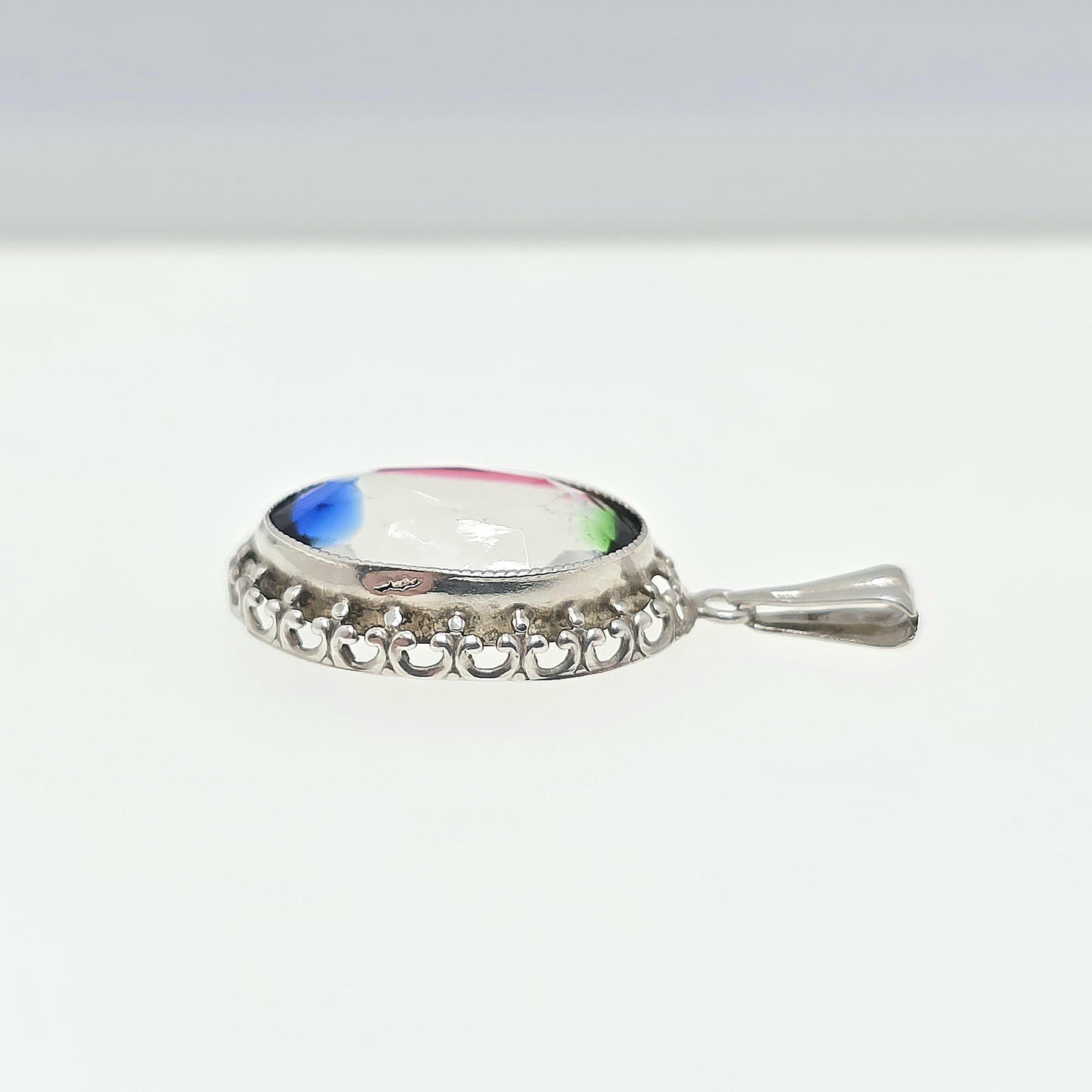 Antique Solid Silver Iris Rainbow Glass Necklace Tutti Frutti Pendant Genuine Art Deco 1920s Vintage Multi Coloured Paste Jewelry Jewelry