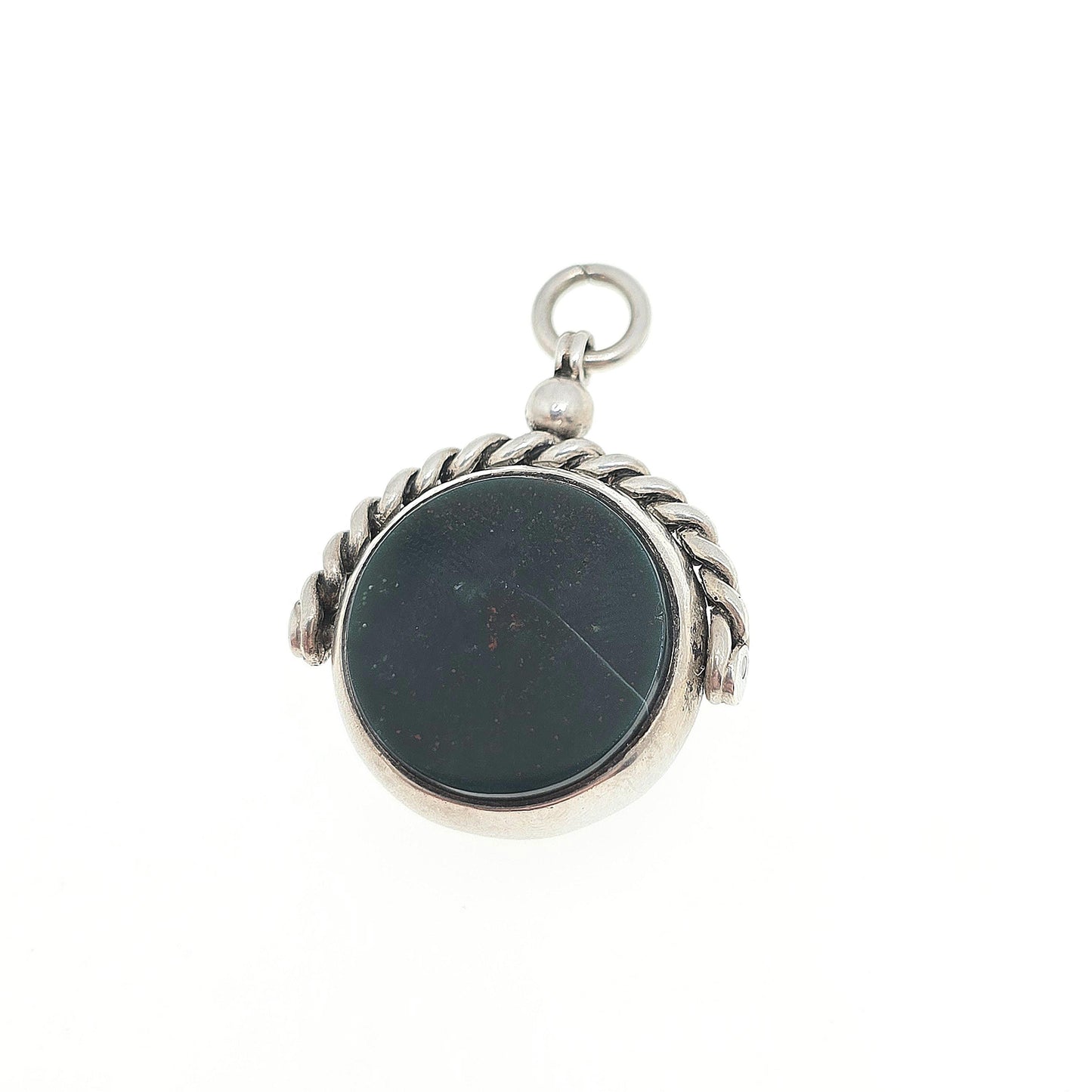 Antique Sterling Silver Spinner Bloodstone Fob Necklace Pendant Rope Border Carnelian Hallmark Large Vintage Mens Womens Jewelry Jewellery